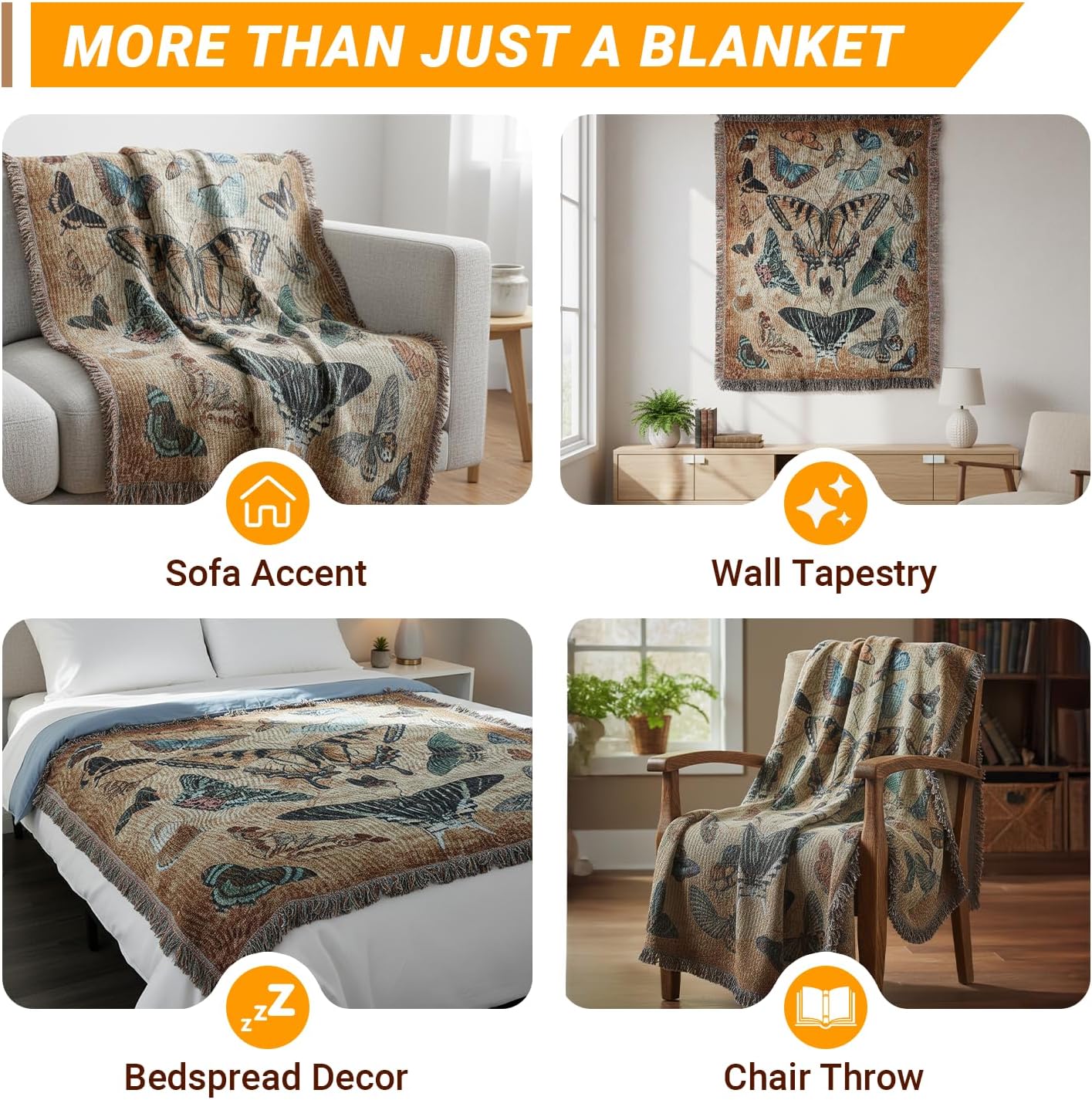 Butterfly Woven Tapestry Throw Blanket with Tassels, Soft Decorative Throw for Couch, Sofa, Bed | Vintage Boho Room Wall Art Decor, 50"x60" - Image 3