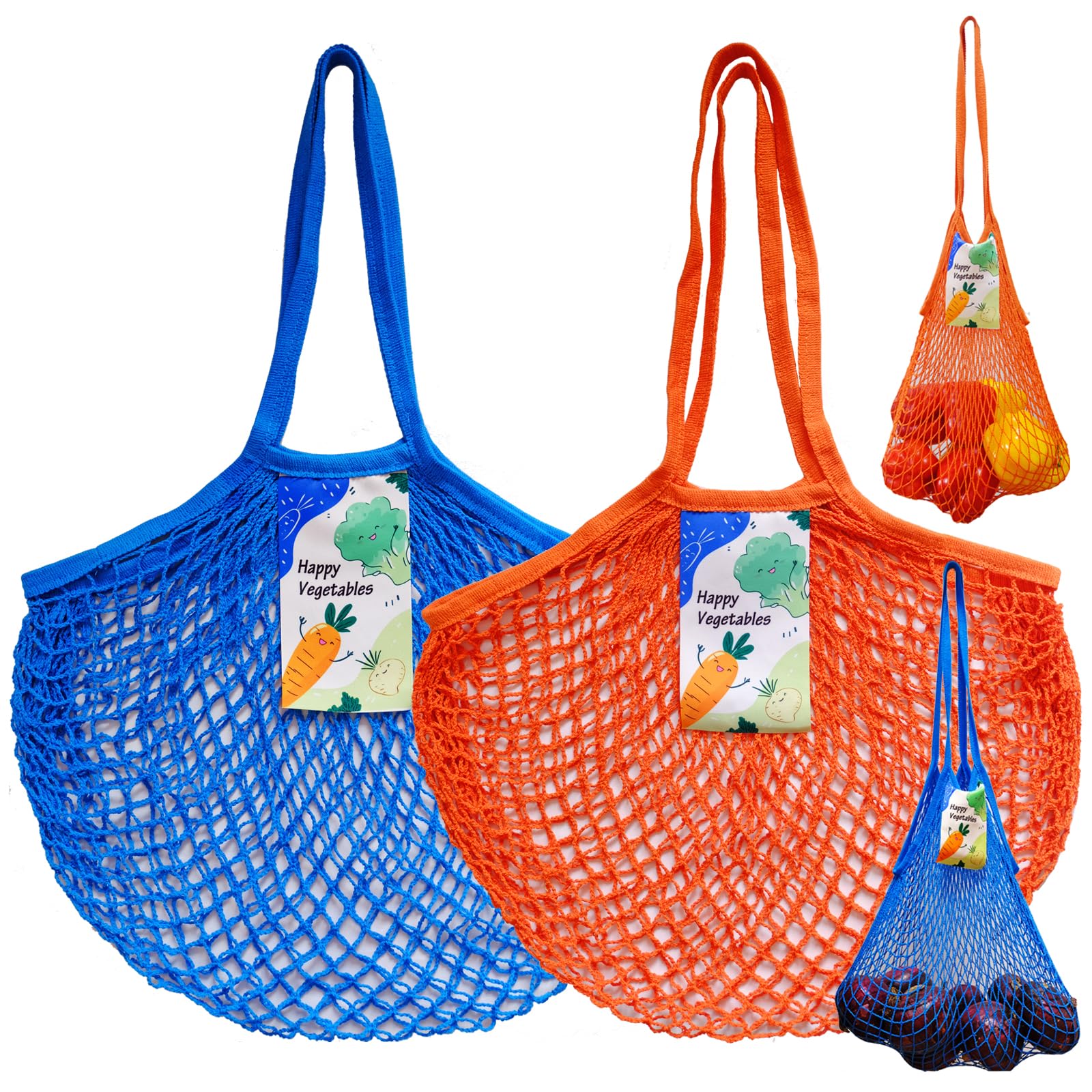 deebree Mesh Grocery Bags for Vegetables, Portable Reusable Mesh Produce Long Handle Net Tote Bag, Washable Cotton String Fruit Onion Bags Organizer Shopping Handbag, Pack of 2