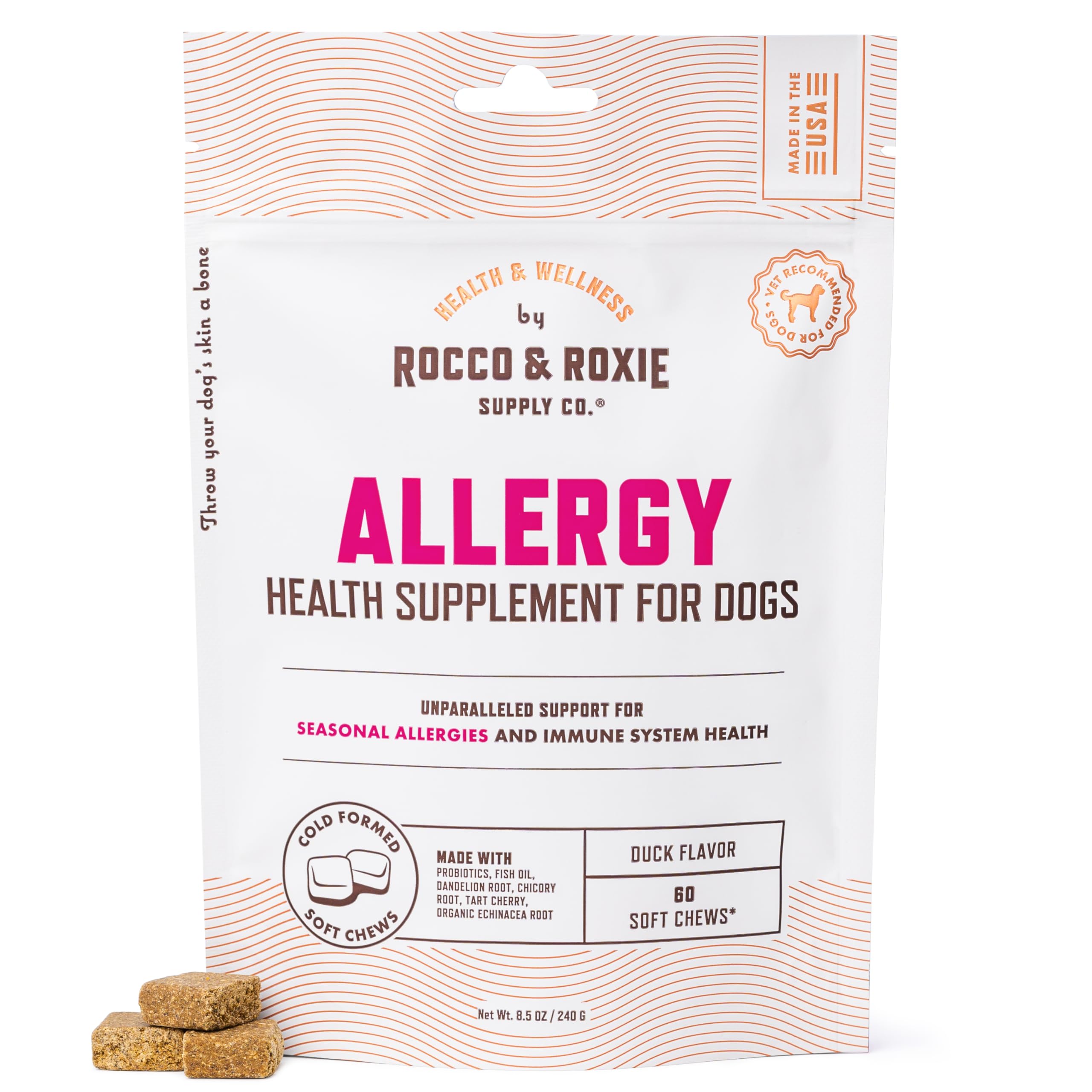 Rocco & Roxie Dog Allergy Relief Chews with Omega 3 for Dogs, Probiotics for Itching Skin, Stop Paw Licking, Fish Oil Skin and Coat Supplement, Anti-Itch, Pet Itchy Allergies and Immune Support, 60ct