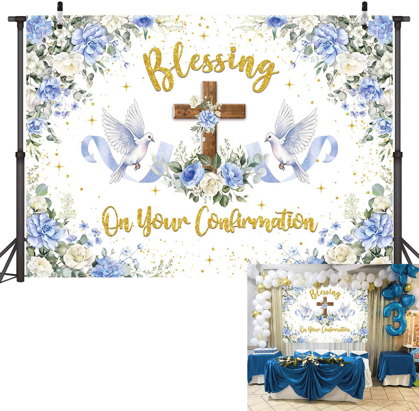 Blessing On Your Confirmation Backdrop On Your Confirmation Photoshoot Background First Holy Communion Baptism Newborn Baby Shower Party Decorations Banner Supplies (82x59inch(7x5FT))