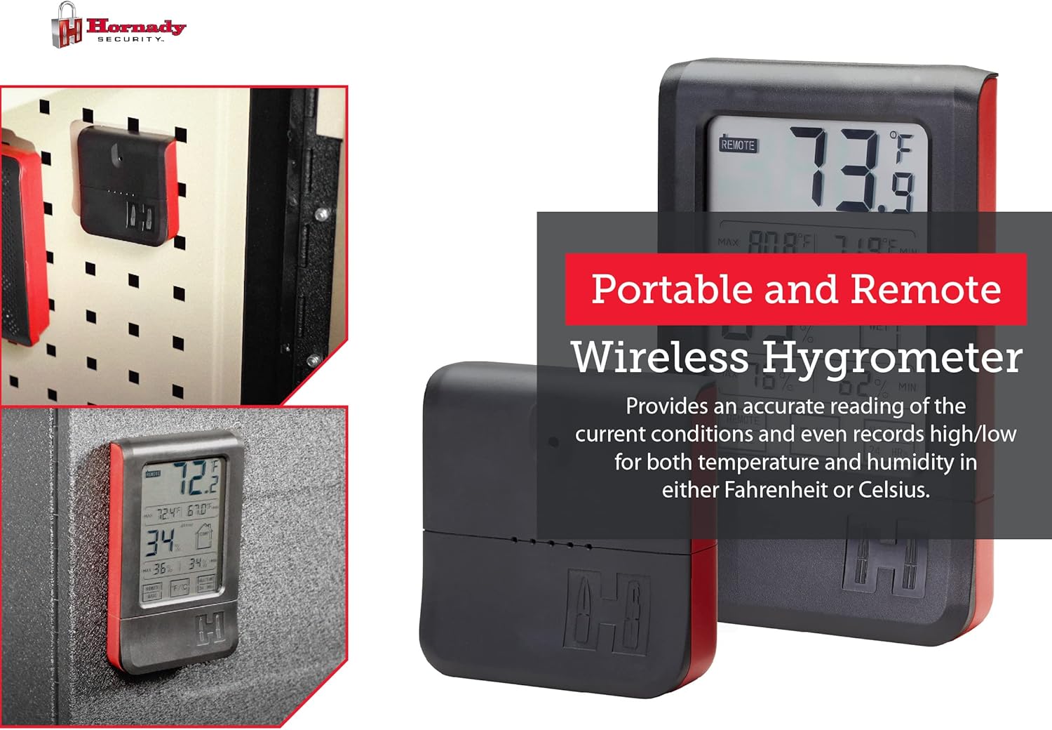 Hornady Wireless Hygrometer, 95907 - Includes a Remote Base & Digital Touchscreen Display to Monitor Temperature & Humidity - Ideal Room Hygrometer for Gun Safes & Cabinets, Closets, Workbench & More