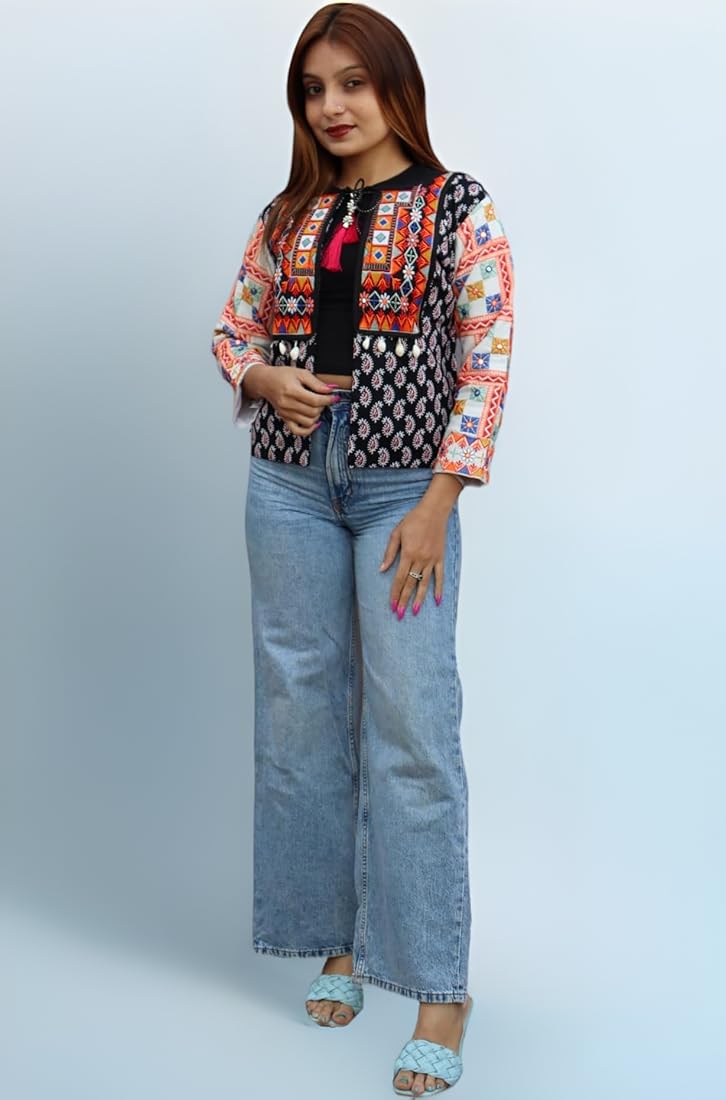 Prijam महिलाओं के लिए एम्ब्रॉयडरी एथनिक श्रग या जैकेट और विशेष एम्ब्रॉयडरी  कॉटन कोटी/जैकेट/कमर कोट महिलाओं के लिए, काले और सफेद : Amazon.in: कपड़े और  ...