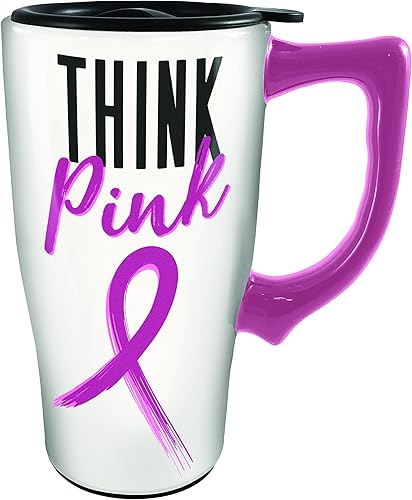 Miniatura 1 de Spoontiques Think Pink - Taza de viaje de cerámica, color blanco, 16 onzas
