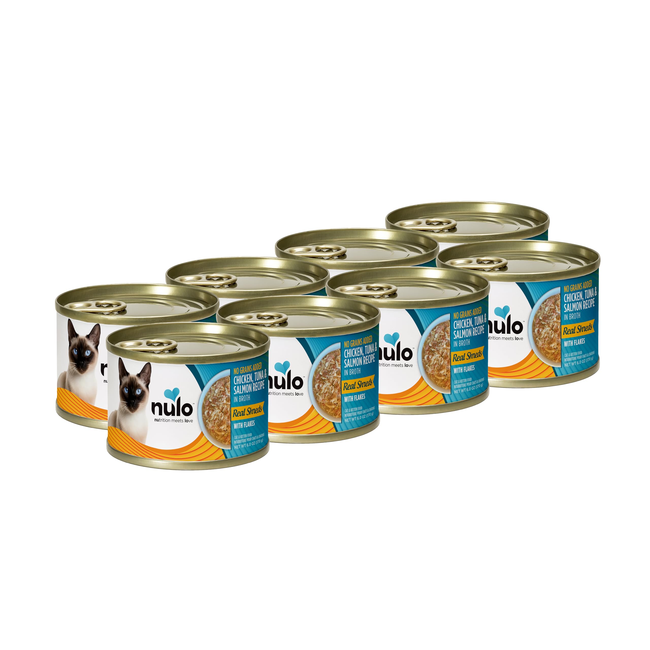 Grain-Free Real Shreds with Flakes Wet Canned Cat & Kitten Food, Chicken, Tuna, and Salmon in Broth, 6.0 Ounce, 8 Cans