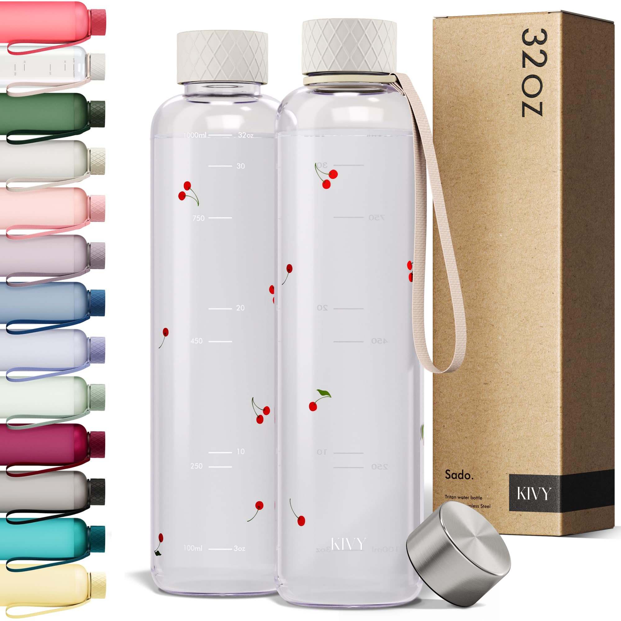 KIVY Clear water bottle 32oz [Lightweight & Shatterproof] Fits Backpack & Cupholder for Travel, Sports, School, Gym - Cute water bottle aesthetic -