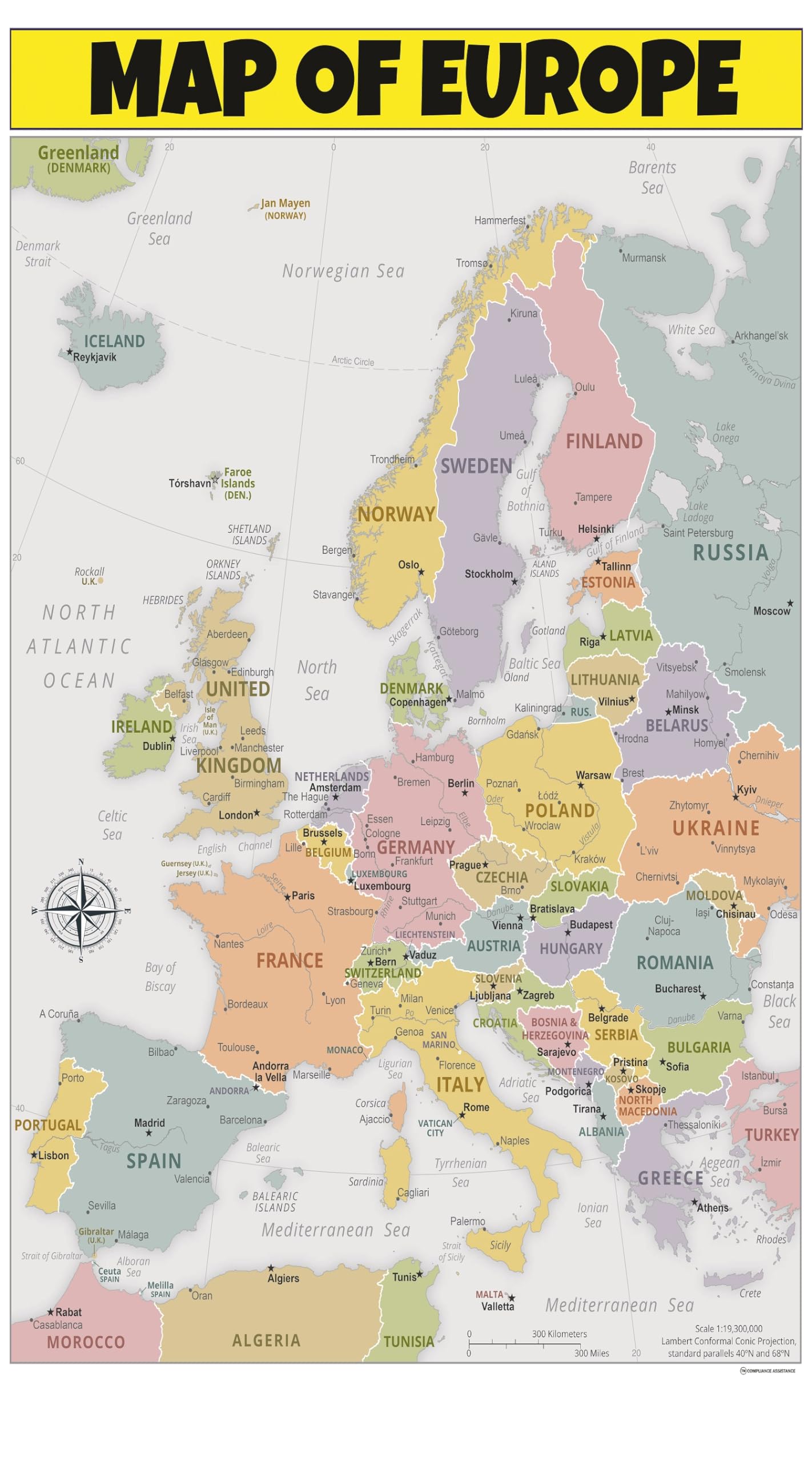 Map of Europe 20x30 - Laminated Wall Map Poster Print Perfect for Classrooms and Homes - Vivid Imagery with Bright Colors