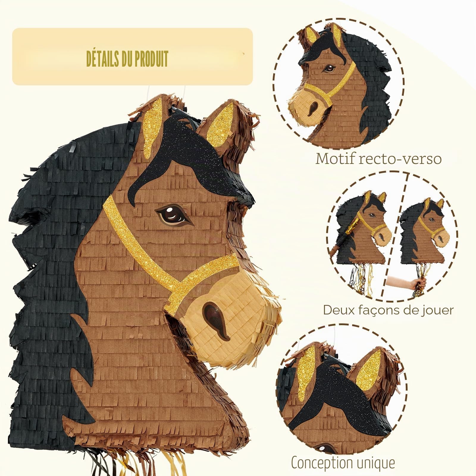 WERNNSAI Piñata cheval – Décoration d'anniversaire pour garçon et enfant Tête de cheval avec bâton Bandeau pour les yeux Décorations de fête d'anniversaire Cowboy Westworld Party Piñata Jeux
