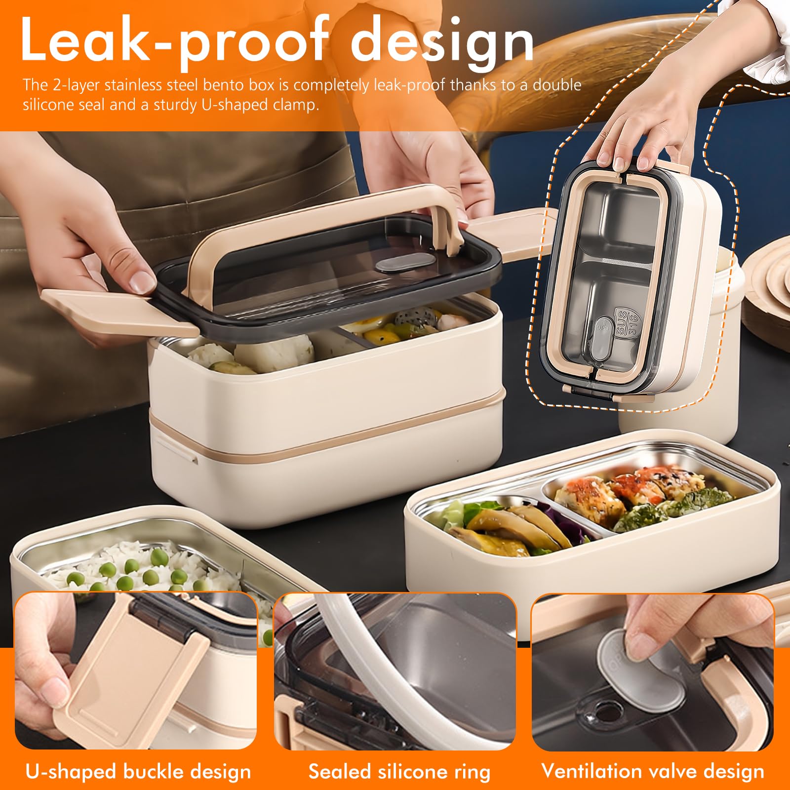 Bento Lunch Box 2 ripiani con scomparti: contenitore per il pranzo per adulti, in acciaio inox premium, senza BPA, con posate, ideale per i viaggi, adatto al microonde, per il pranzo Meal Prep