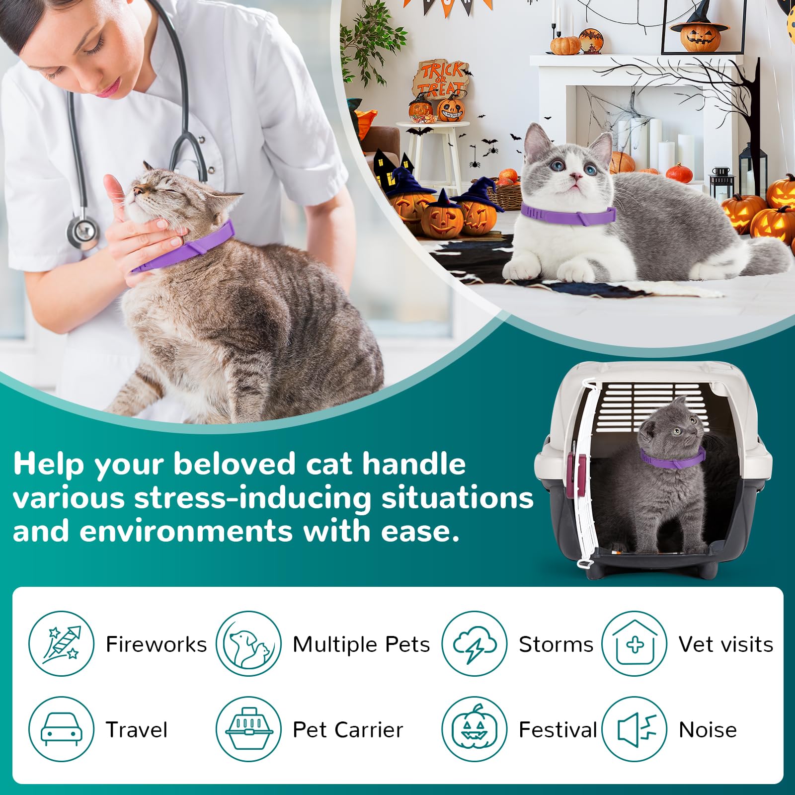 Calming Collar for Cats, Pheromone Collar for Cat Anxiety Relief, 60 Days Adjustable Waterproof TPE, Cat Calming Collars Helps Calm During Loud Noises and Separation (Rainbow, 2 Pack) - image 5