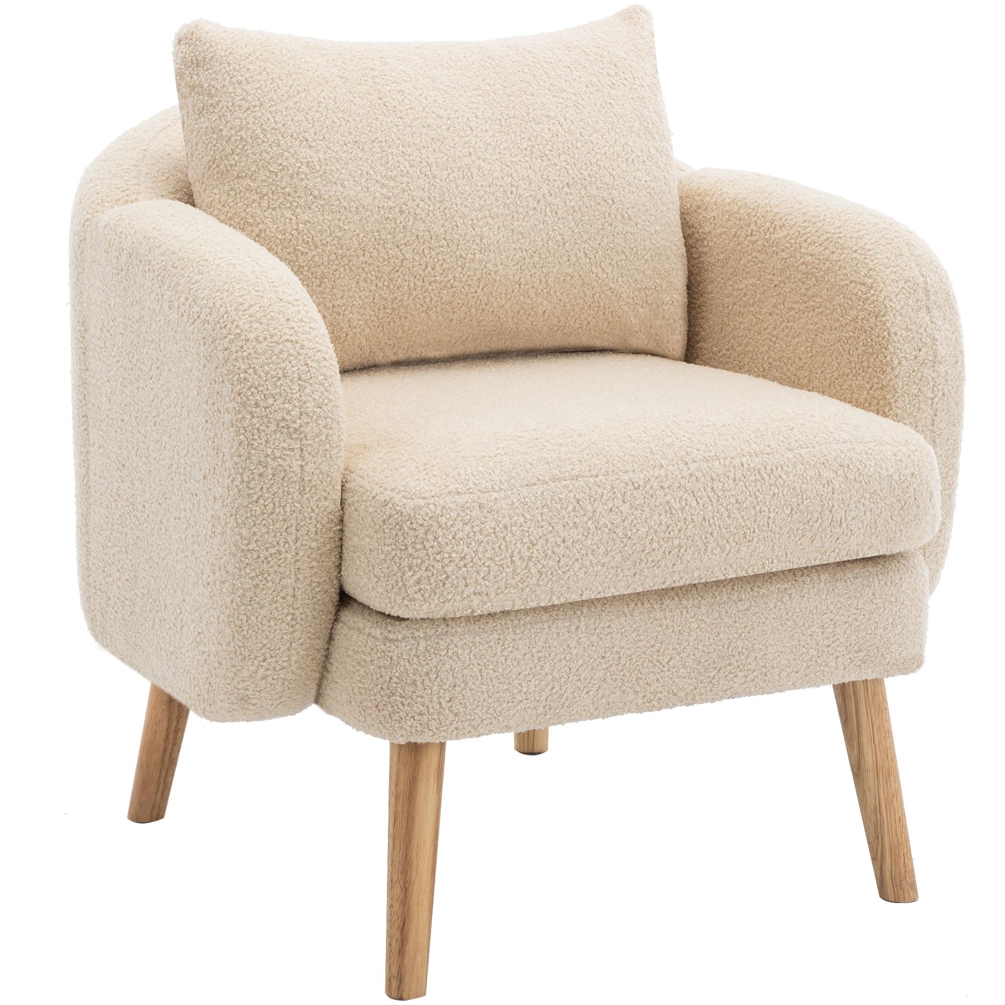 Merax Sessel Teddy-Samt Ohrensessel mit Kissen Loungesessel mit Armlehnen modern Holzbeine Einzelsofa Relaxsessel Polstersessel für Wohnzimmer/Lesezimmer, Beige