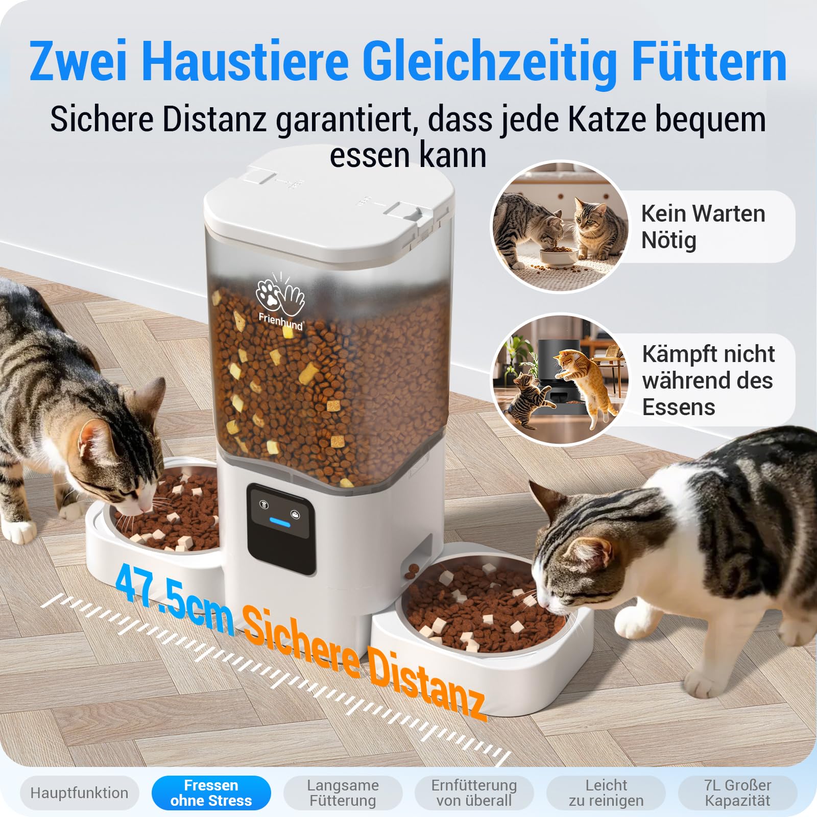 Futterautomat Katze 2 Näpfe mit APP: 5G WiFi Katzenfutter Automat mit Langsamer Vorschub, 7L Trockenfutter Automat für 2 Katzen, WLAN Futterspender Katze Abnehmbar für Mehrere Haustiere (ACF190W-C)