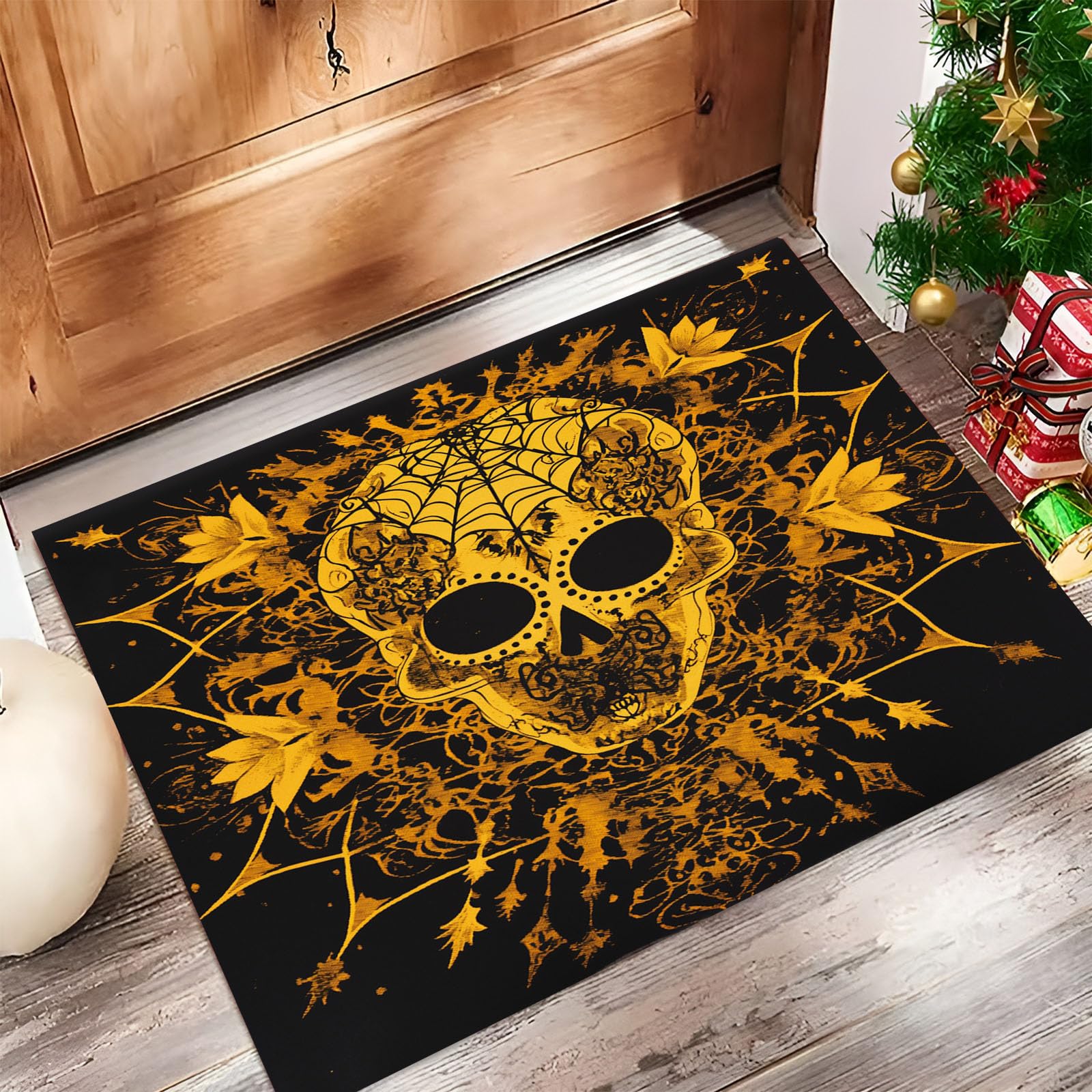 Paillasson d'intérieur lavable crâne noir et or 60x90cm pour entrée chic