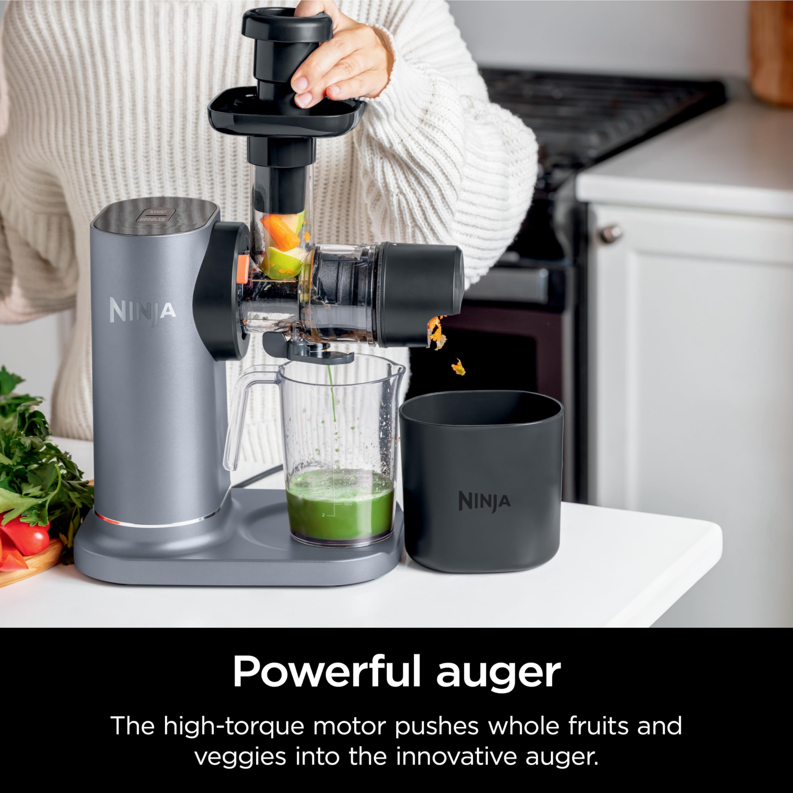 Ninja NeverClog 150 W Cold Press Juicer with 18oz Jug, 30oz Pulp Container, 2-Speed, Compact, Anti-drip lever (JC150) (Renewed)