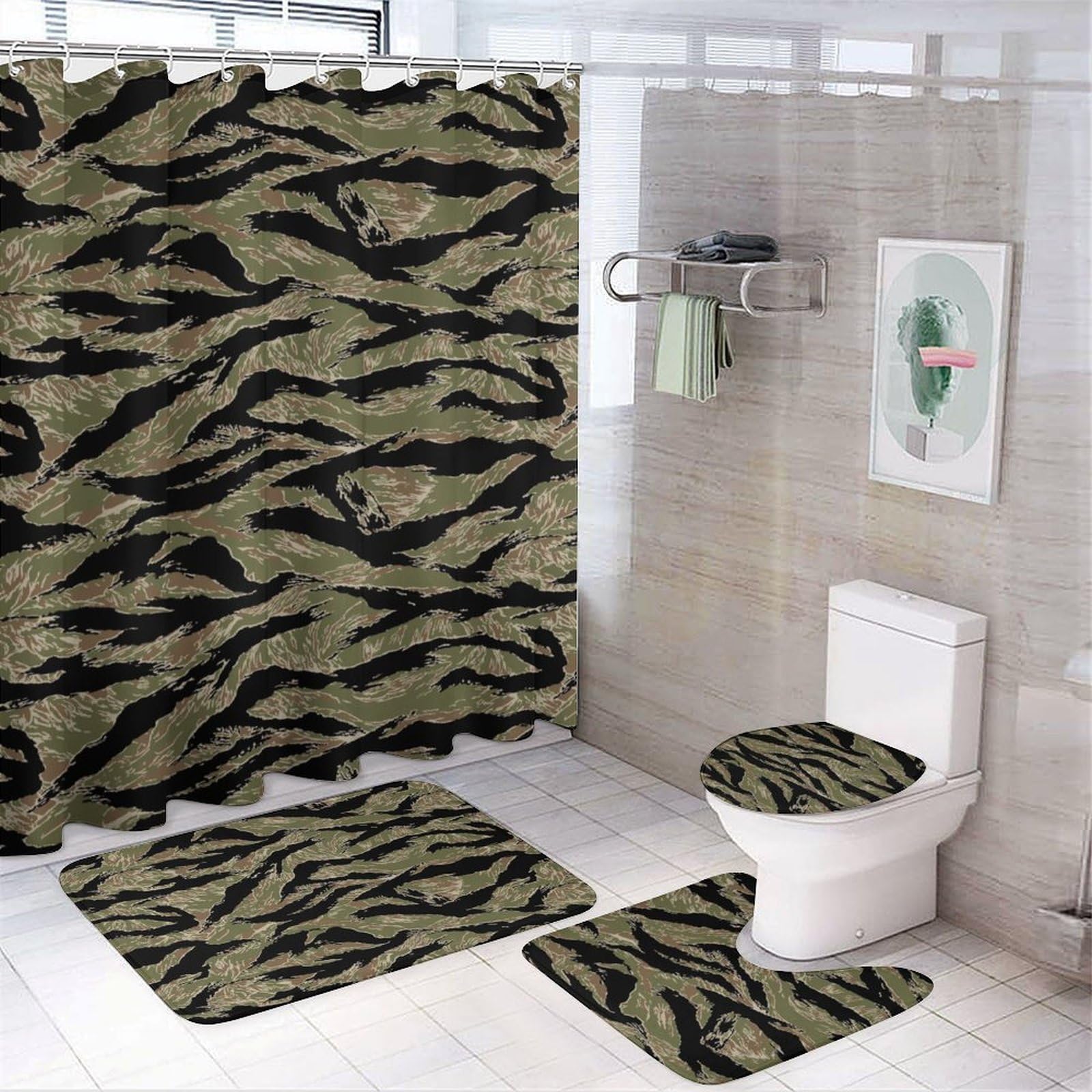 JiuPopular Bathroom Mat Set 4 Piece, Tiger Stripe Camo Shower Curtain with Non-Slip Bath Mats for Bathroom