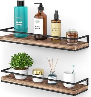 Meangood Rustic Wood Floating Shelves Set of 2 - Wall Mounted Storage for Kitchen, Bathroom, Bedroom, Living Room