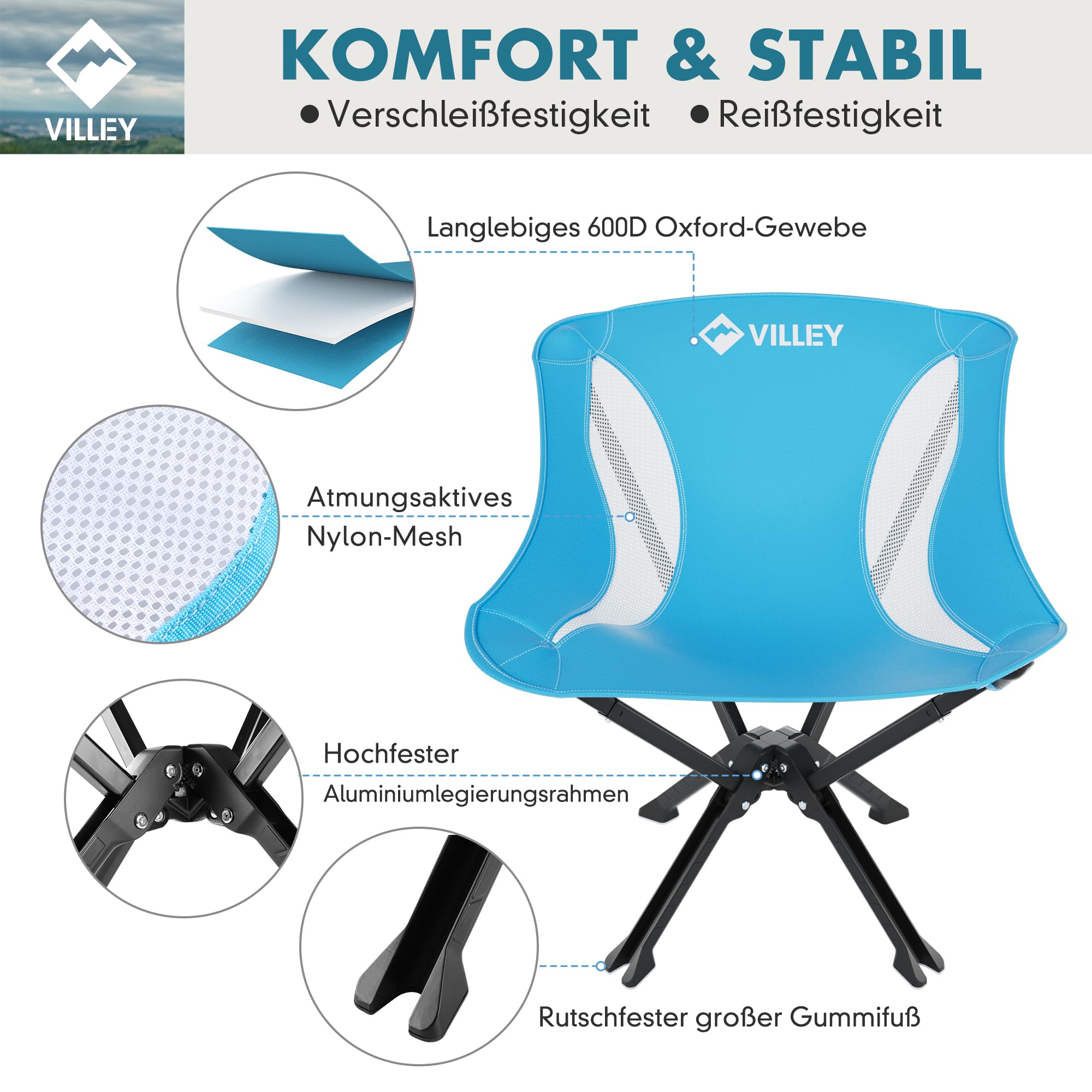 VILLEY Campingstuhl Faltbar und Tragbar Blau, Faltstuhl Camping mit Aluminiumrahmen und Belastbarem & Atmungsaktiverem Stoff, 150kg Tragfähigkeit Campingstuhl mit Tasche für Outdoor, Angeln | Keine Montage erforderlich, in Sekunden einsatzbereit, 150 kg K
