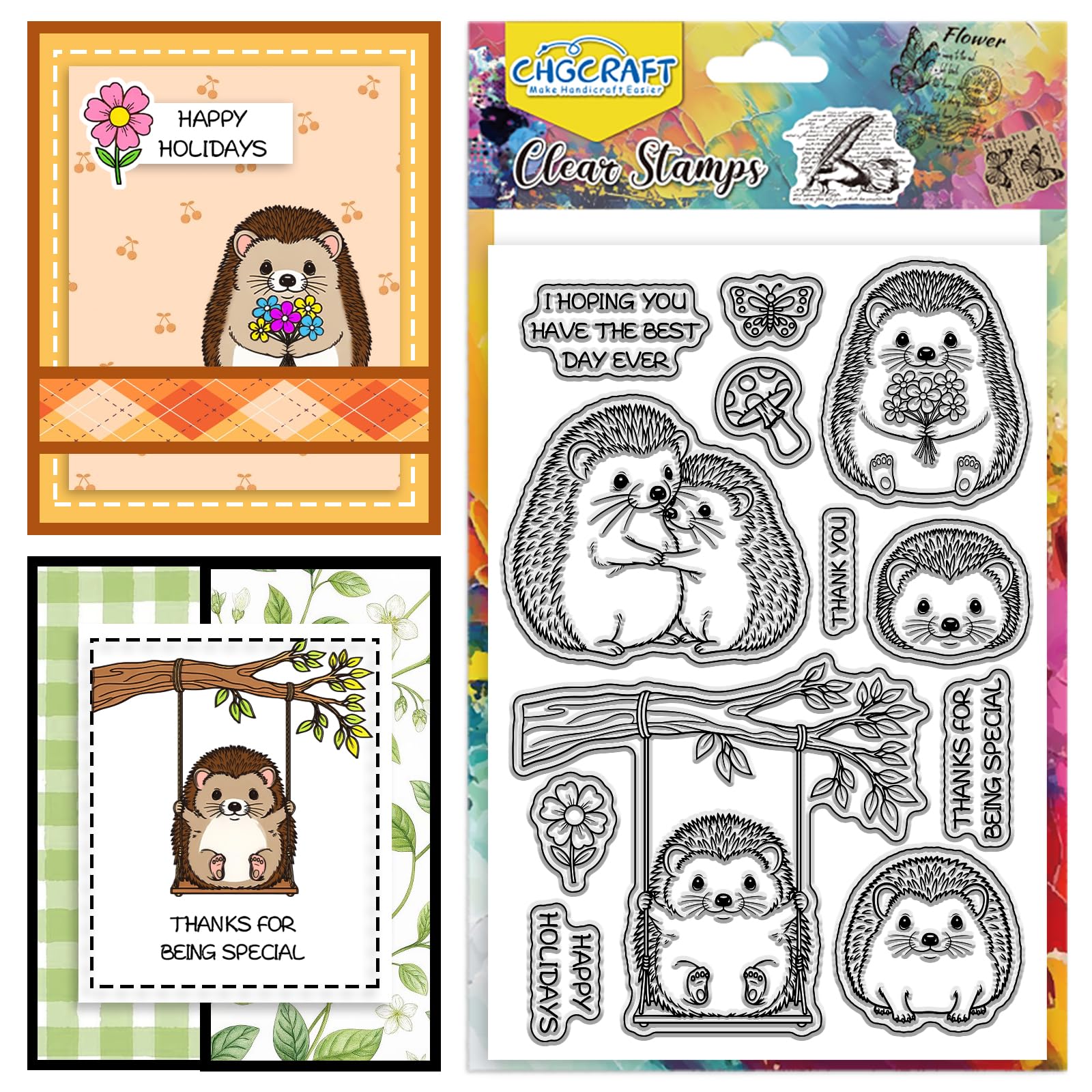 CHGCRAFT Cartoon Cute Hedgehog Clear Stamps Funny Animal Silicone Stamp Seal for DIY Scrapbooking and Card Making Paper Craft Decor 6.3 × 4.3 Inch