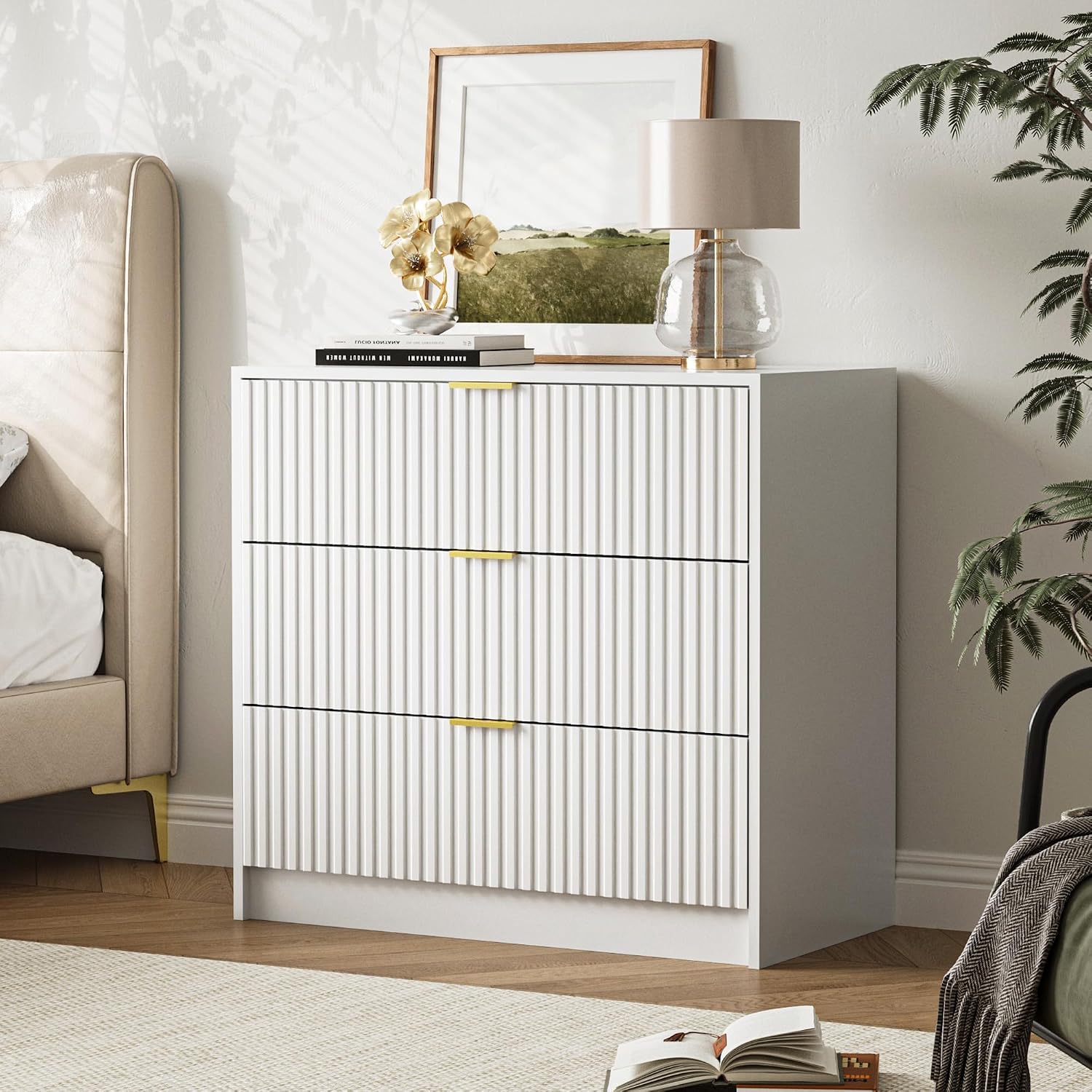 Furniway 31.5" Large Nightstand with 3 Drawers, Fluted Bedside Table, Modern Tall End Table with Storage, Wood Night Stand Organizer Cabinet for Bedroom, White