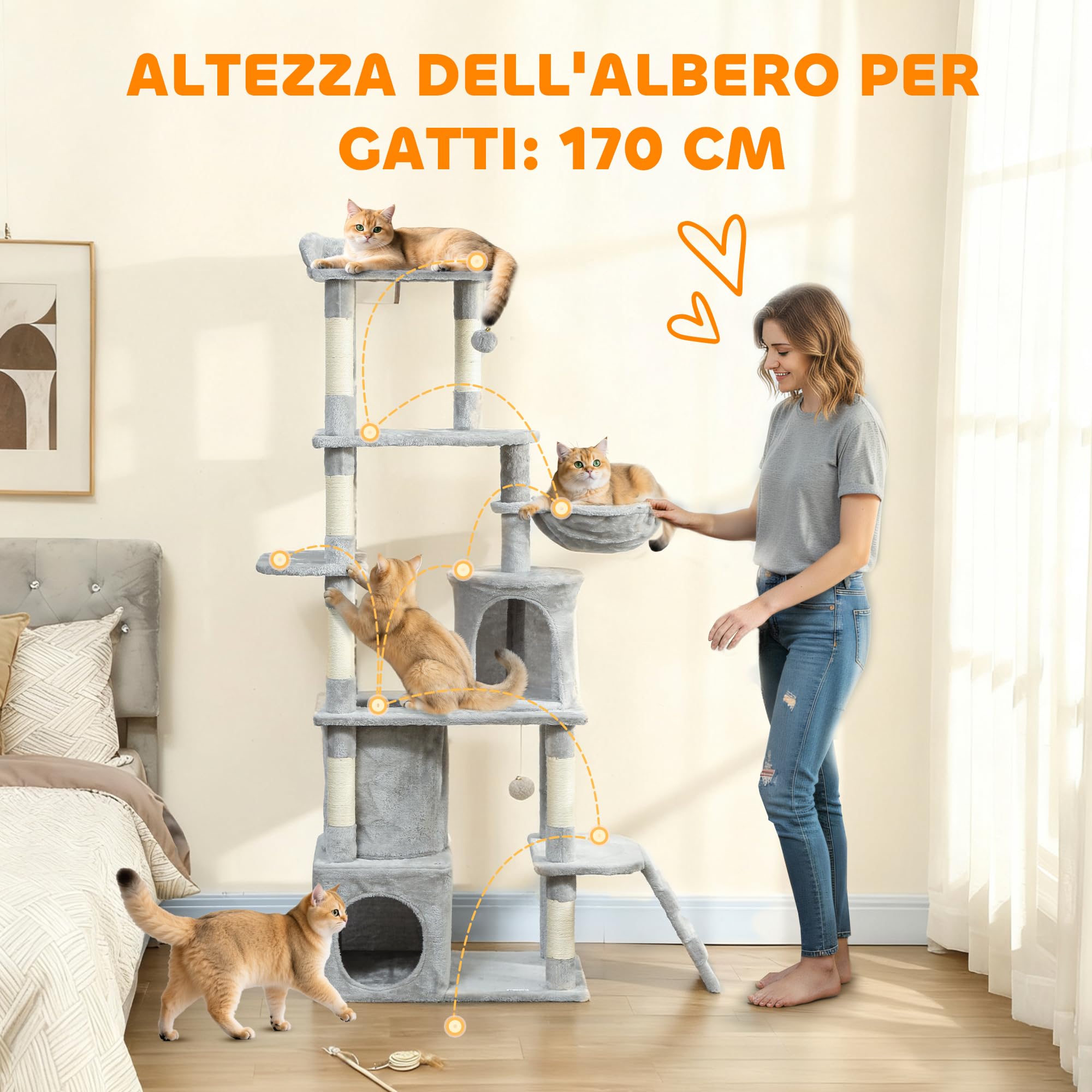PawHut Albero Tiragraffi per Gatti Multilivello Alto 170 cm Grigio Chiaro | 7 Pali Graffiatoi, 2 Grotte, Piattaforme, Lettino, Amaca, 2 Pompon, Scala, Tunnel, Torre Gattini, Peluche, Gatti Adulti