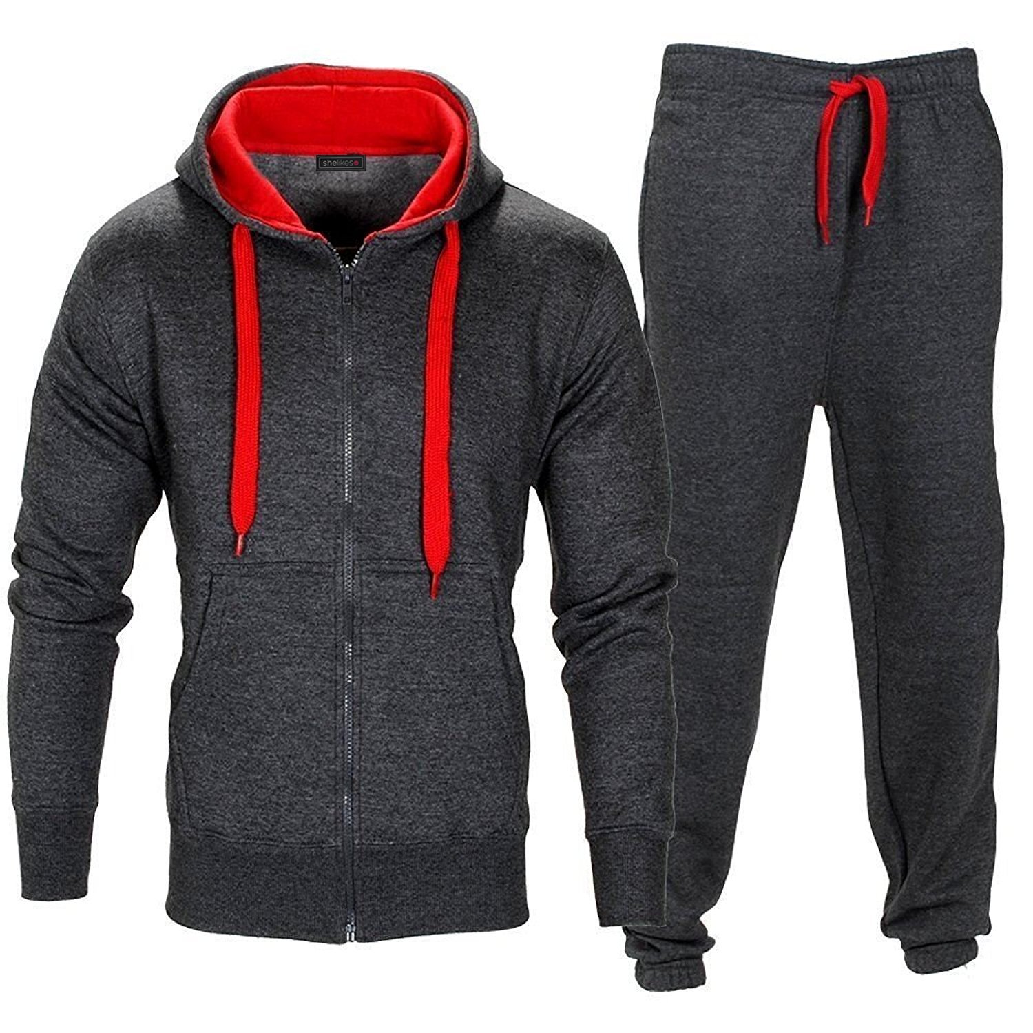 Shelikes Men's Charcoal/Red Contrast Tracksuit Set Full Sleeve Fleece Zipper Hoodie Top Bottoms Jogging Joggers Sports Sweat Suit