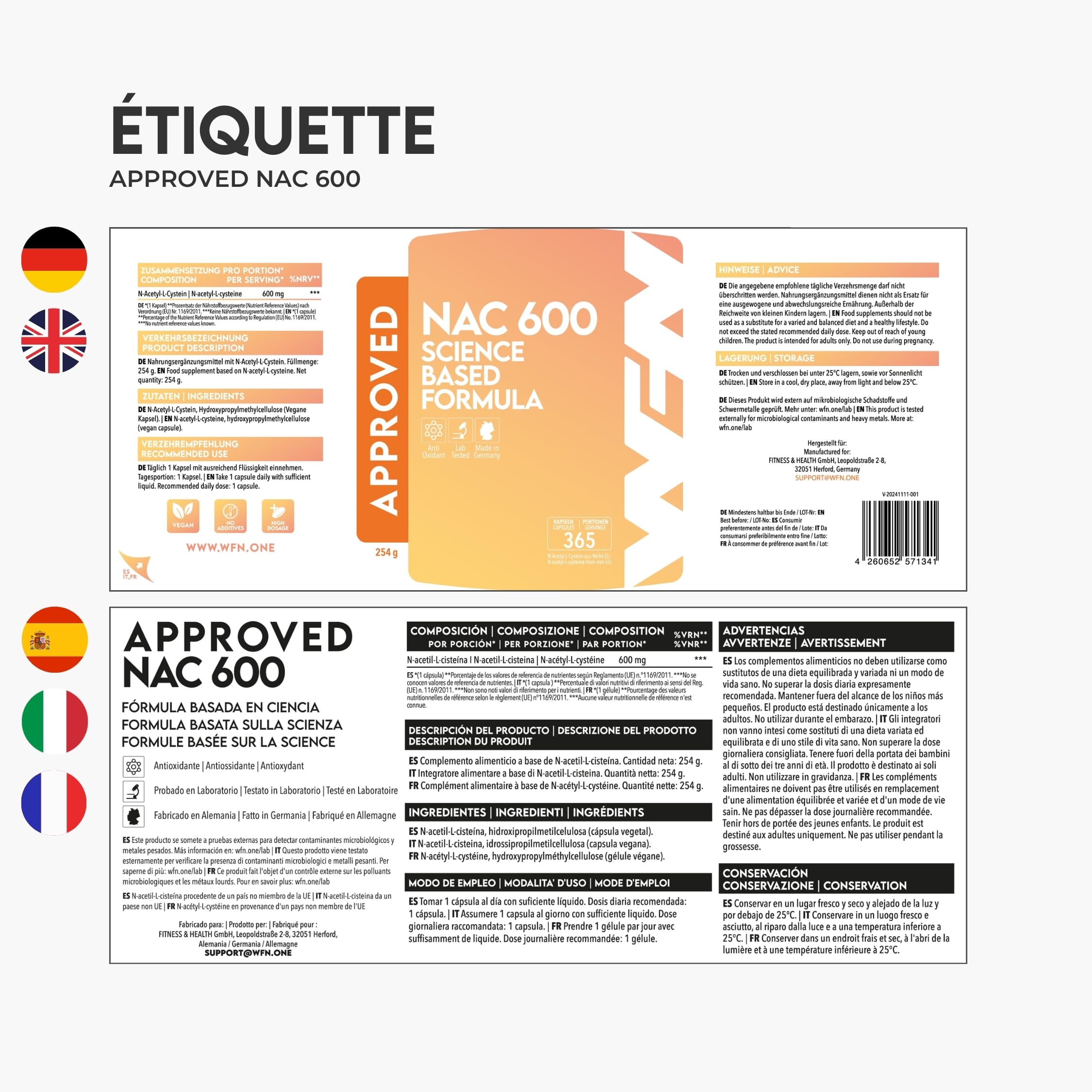 WFN Approved NAC N Acetyl Cysteine - 600 mg par gélule - 365 gélules - 12 mois d'approvisionnement - Hautement dosé, vegan, sans additifs - Fabriqué et testé en Allemagne