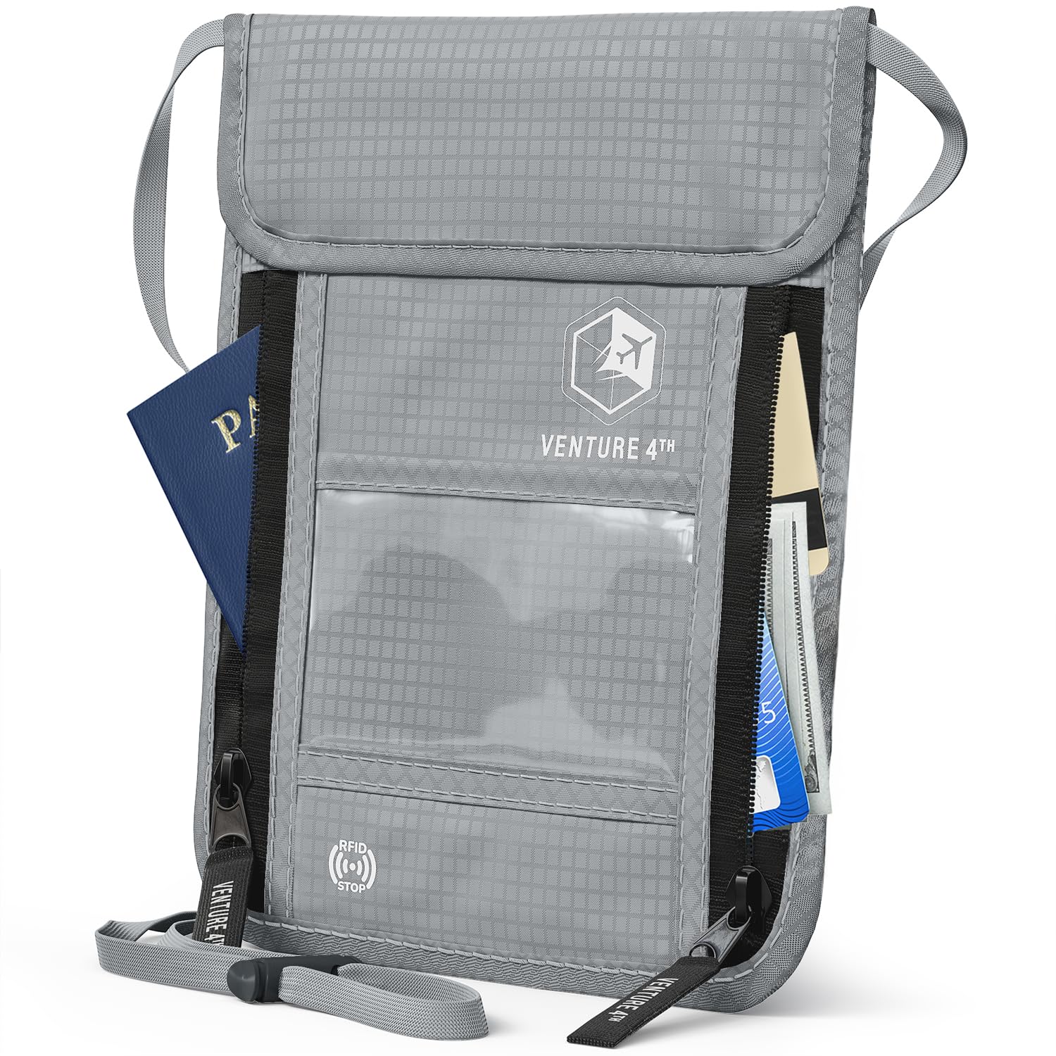 VENTURE 4TH Passport Holder Neck Pouch with RFID Blocking The # 1 Travel Wallet (Silver)