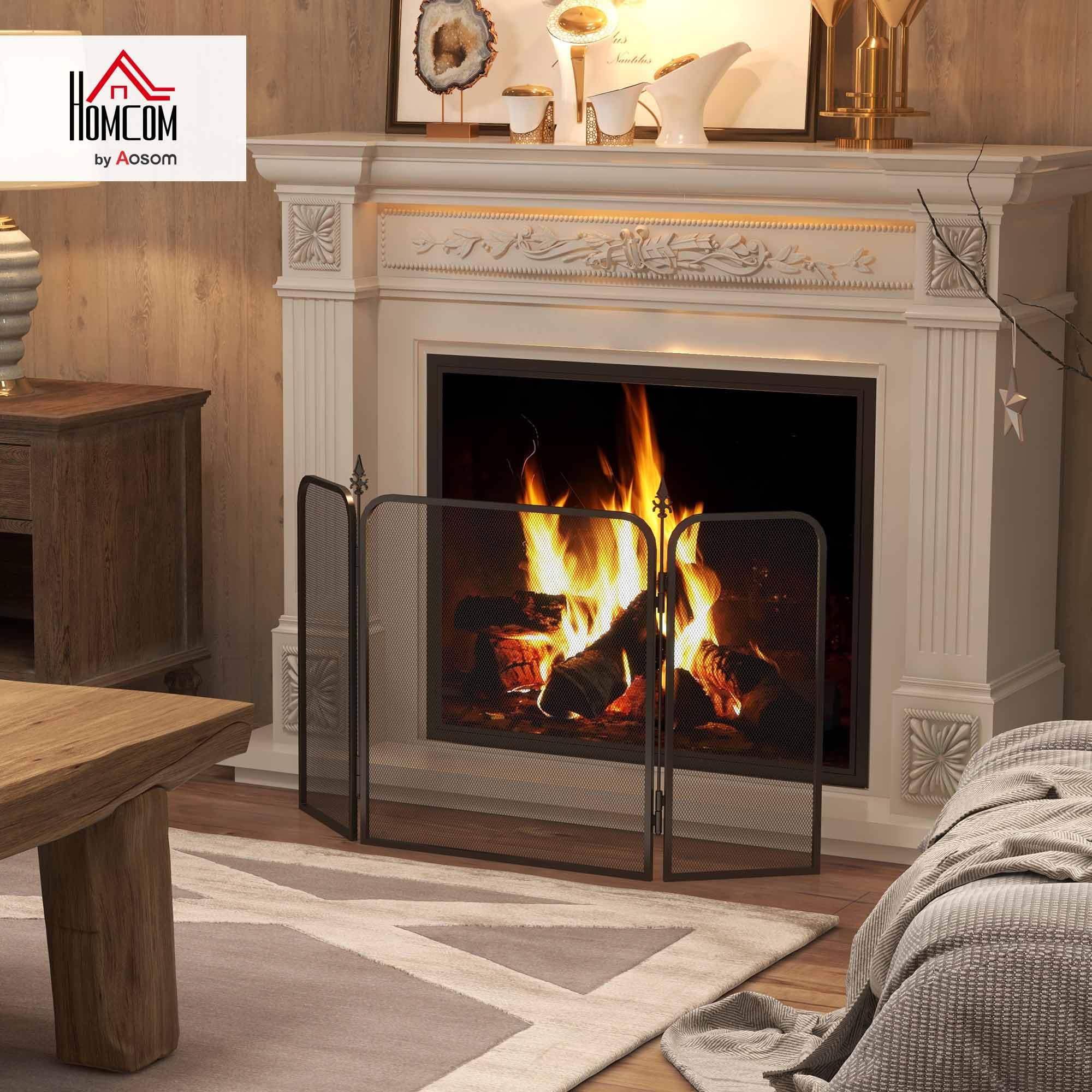 HOMCOM Pare feu cheminée Pliable 3 Panneaux, Pare-étincelles, Grille de Protection en Maille de métal 96x1,3x56 cm Noir