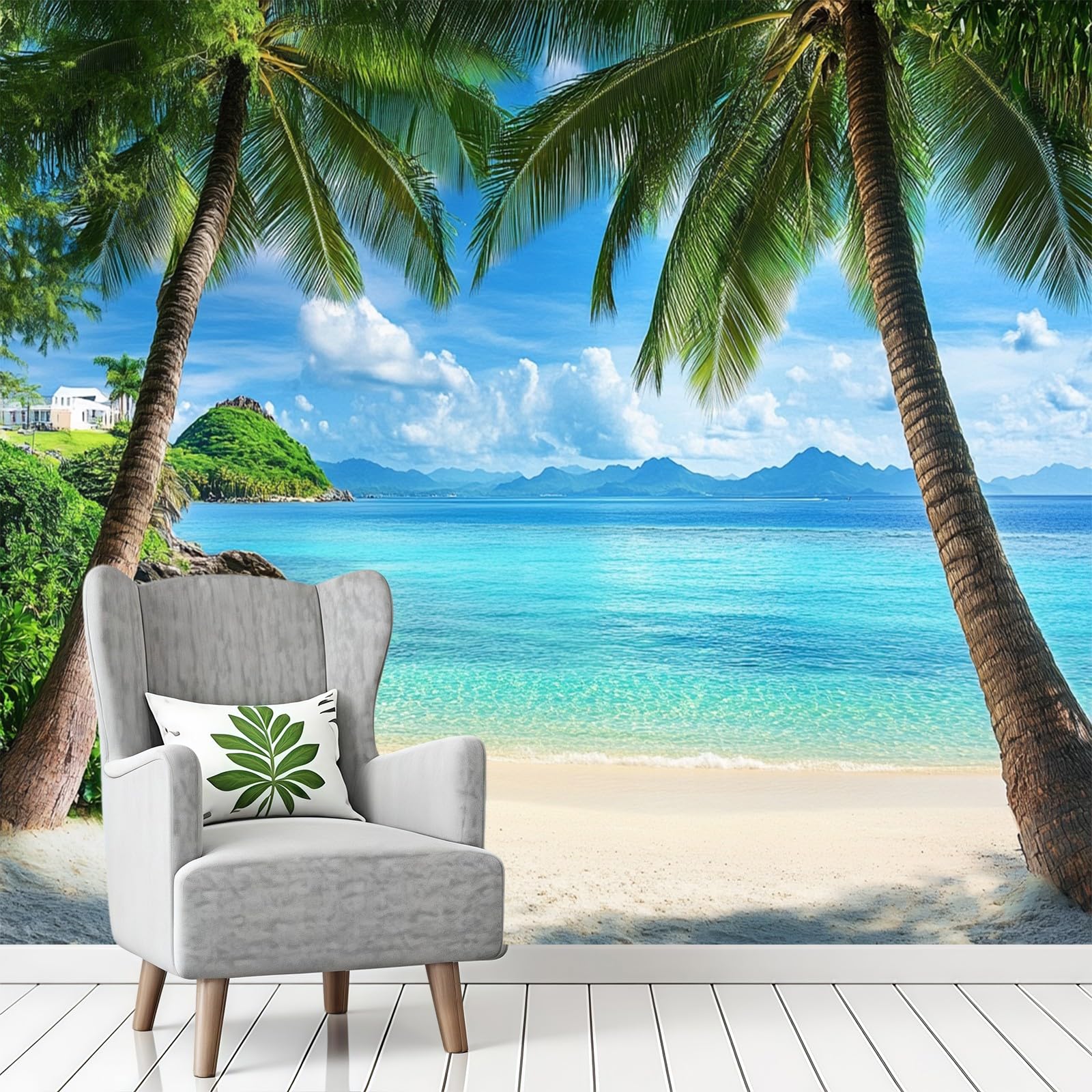 Papel Pintado Panorámico playa tropical 350 x 256 cm verde decoración pared salón dormitorio infantil mural grande estilo moderno hogar