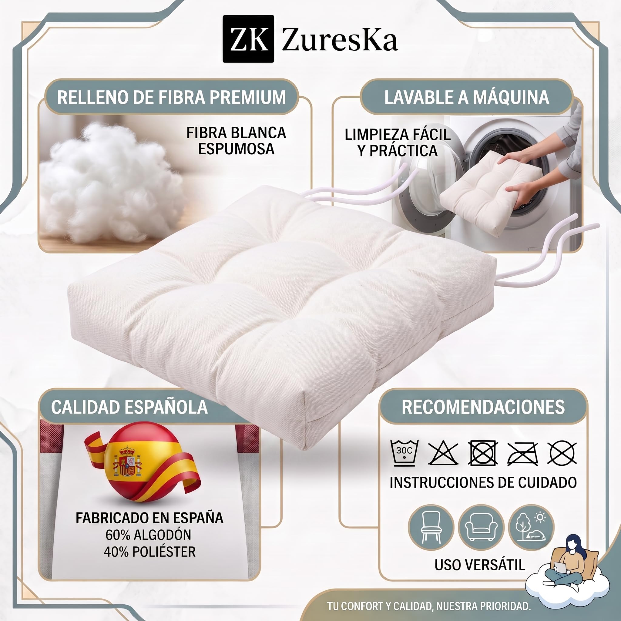 Cojines para Sillas de Terraza (Pack de 6). Cojines Silla 40x40 cm (Grosor Extra 8 cm). Cojin Silla Exterior. Cojines Exterior Comedor, Cocina, Terraza y Jardín. (6, Blanco, 40x40x8)