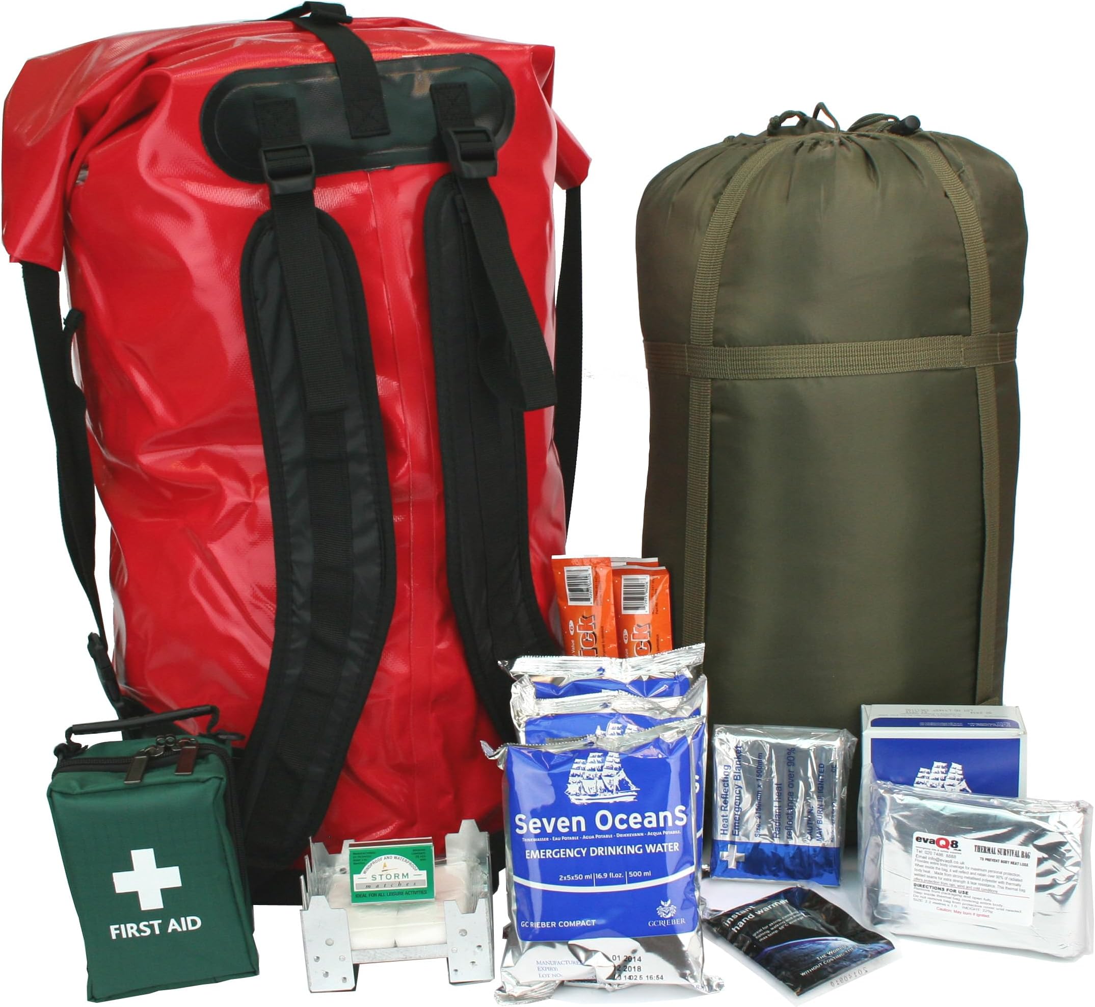 EVAQ8 Personal Winter Survival Kit in Waterproof Bag โ 72-Hour Emergency Grab Bag with 4-Season Sleeping Bag, Self-Inflating Mat, Food, Water, First Aid & Survival Gear for Cold Weather