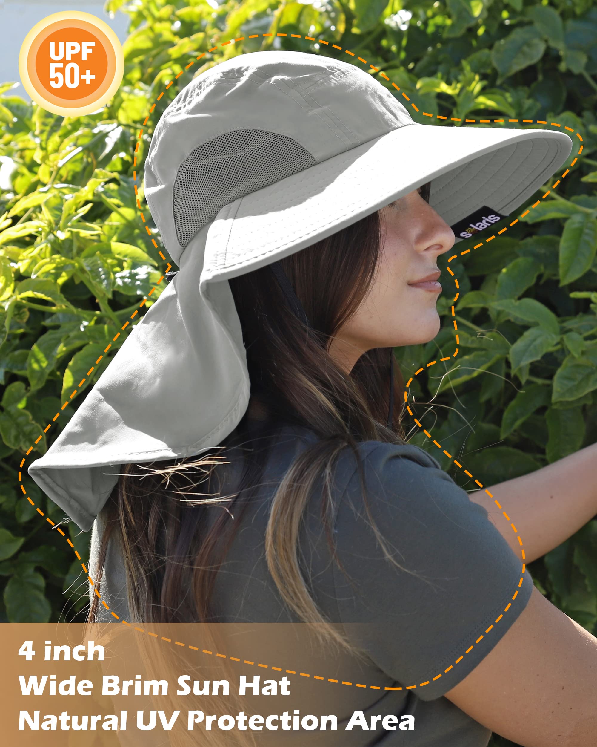 Sombrero de senderismo para mujer, sombrero de ala ancha con solapa de cuello grande, protección solar UPF 50+, #1 Gris 4