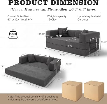 Vipbear 2 Seater Boneless Sofa Bed, 5-in-1 Convertible Modular Couch, Corduroy Folding Compressed Packed with Fixed-Shape Frame for Living Room Bedroom, 160cm, Grey