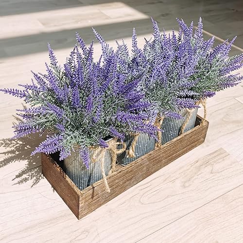 Miniatura 5 de Juego de 3 plantas pequeñas en maceta, plantas artificiales de lavanda en macetas rústicas de metal galvanizado con bandeja de madera decorativa