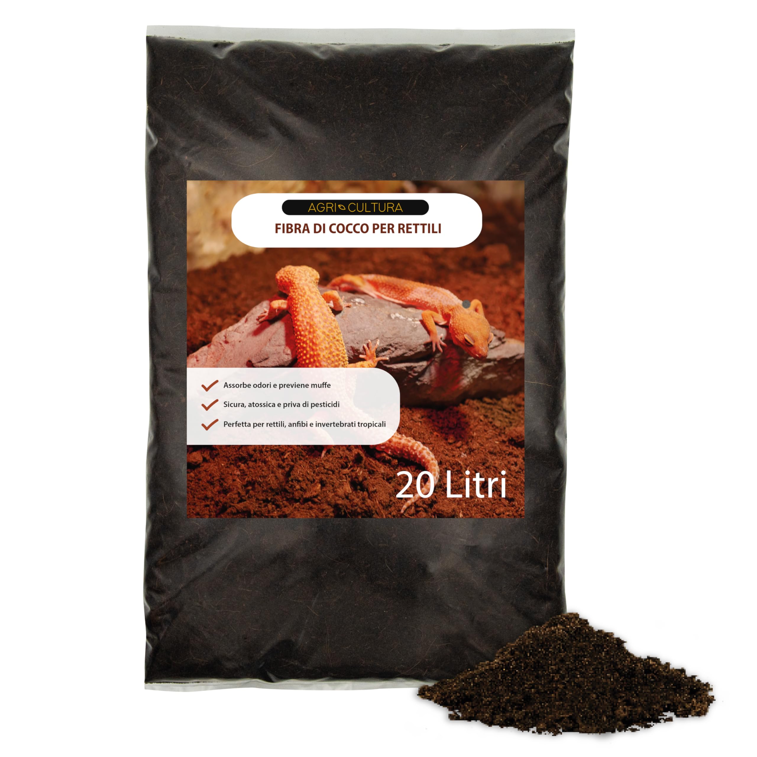 AGRI-CULTURA ® | Fibra di Cocco per Rettili 【20 Litri】 | Substrato Naturale Ideale per Terrario per Tartarughe di Terra, Rettili, Anfibi, Invertebrati | Alta capacità Assorbente.