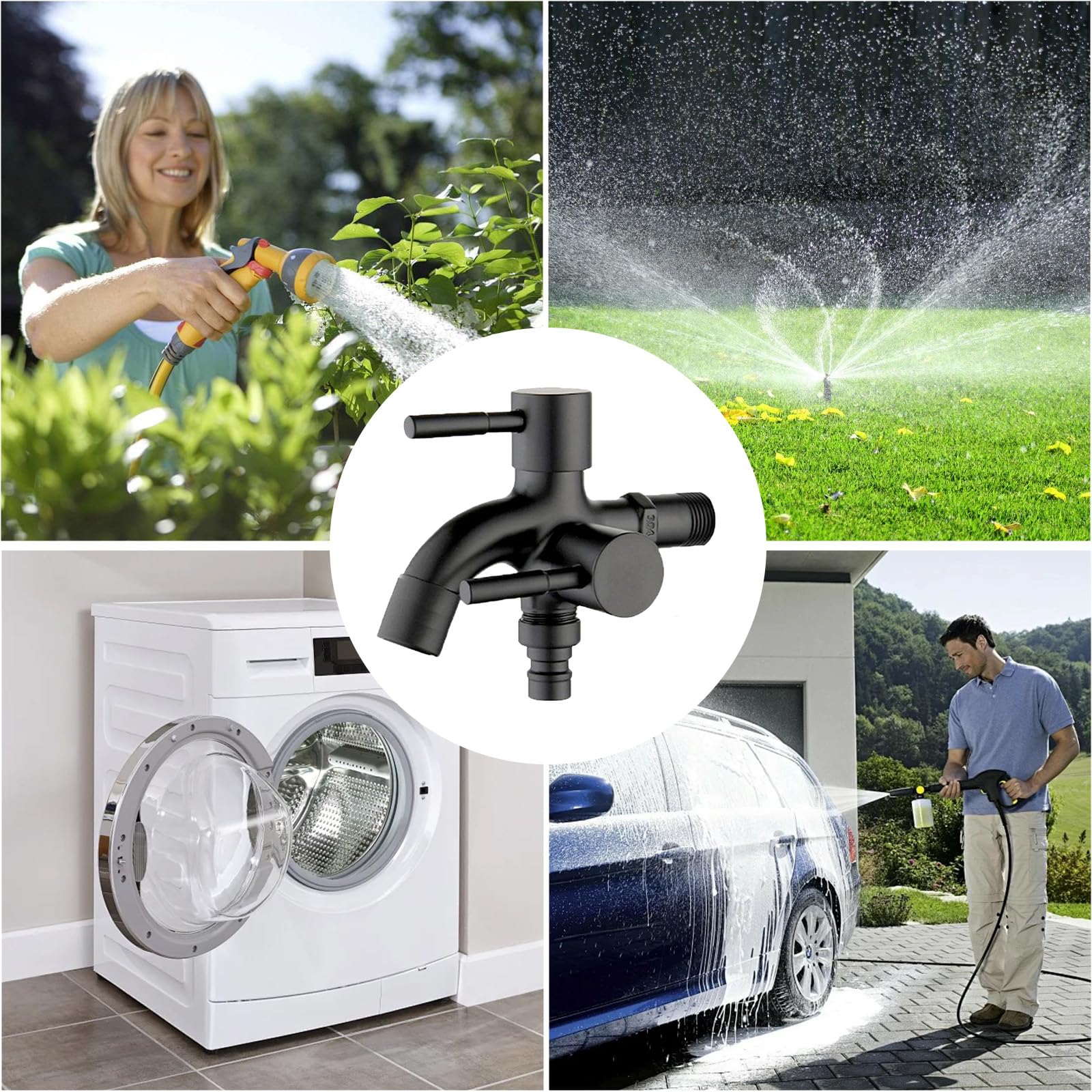 Grifo Universal de 1/2 Pulgadas, Grifo Doble de Acero Inoxidable, Grifo de Lavadora de Doble Boquilla para Jardín, Hogar e Industrial (Estilo 2)