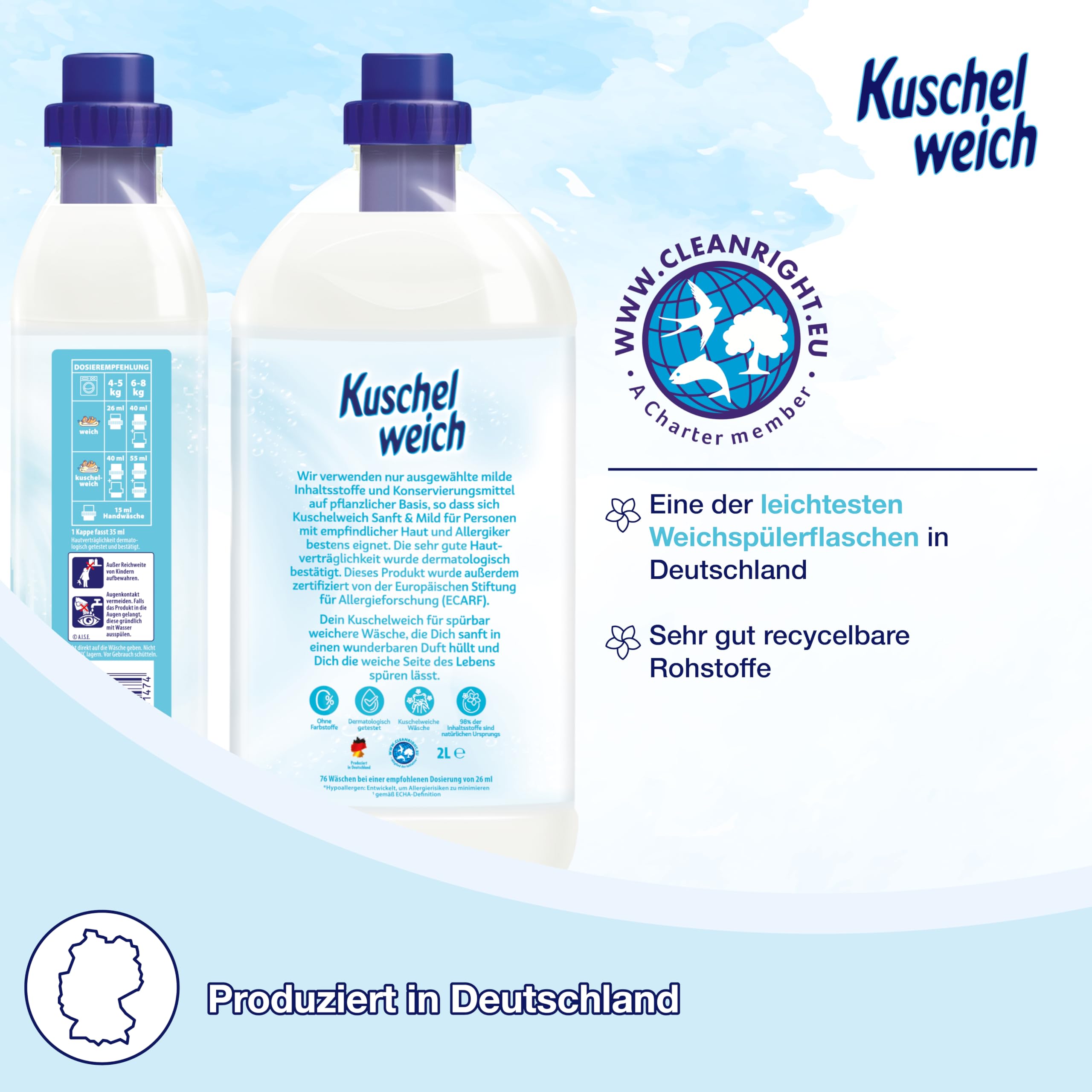 Kuschelweich Weichspüler - 6 x 2 l für je 76 Wäschen, kuschlig-weich, hautverträglich, mikroplastikfrei - Sanft und Mild