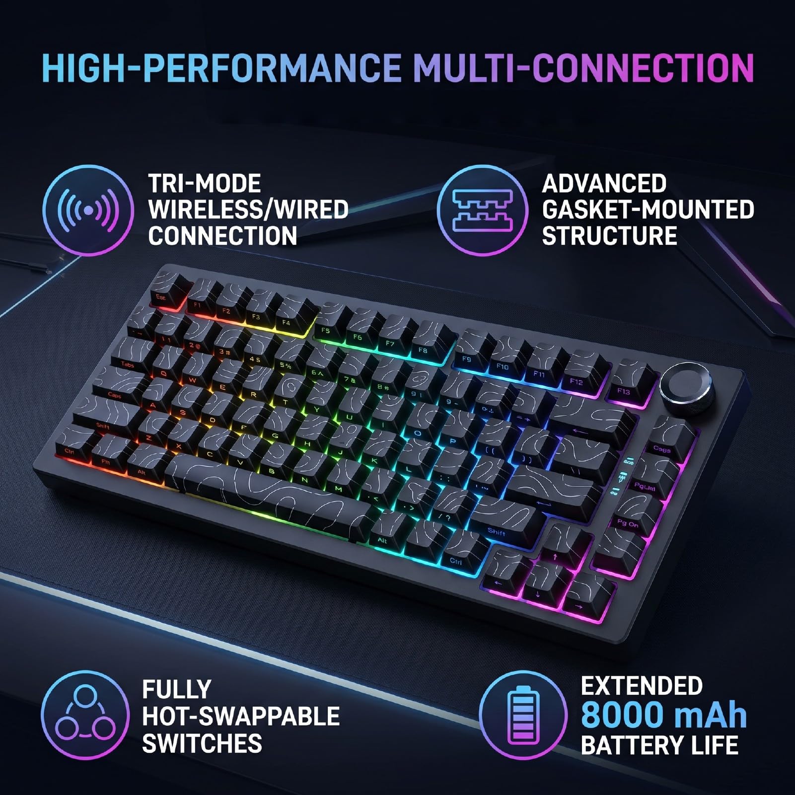 Tastiera Meccanica Wireless, Supporto per Guarnizione Retroilluminato RGB Sostituibile a Caldo Al 75% con Batteria da 8000 MAh, per PC da Gioco Mac (di contorno nera)