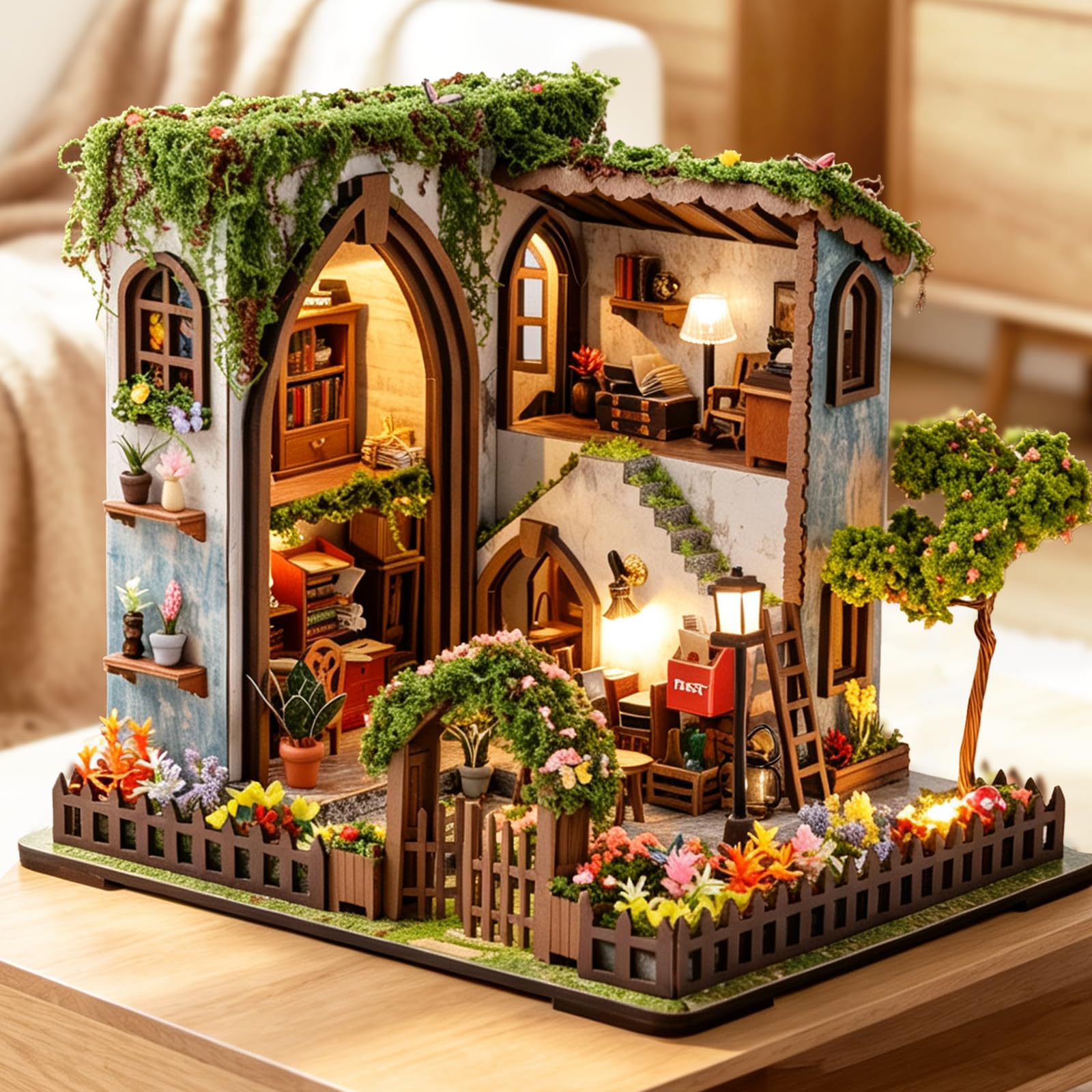 DIY Mini House Kit, 3D Wooden Puzzle Book Nook Kit for Adults with LED