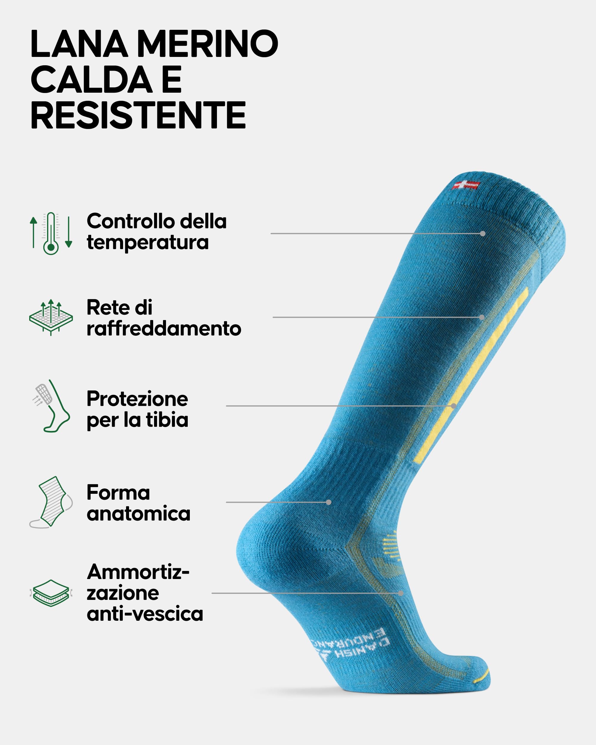 DANISH ENDURANCE Calze da Sci in Lana Merino, Termiche, Tecniche, Traspiranti, Uomo, Donna e Bambino