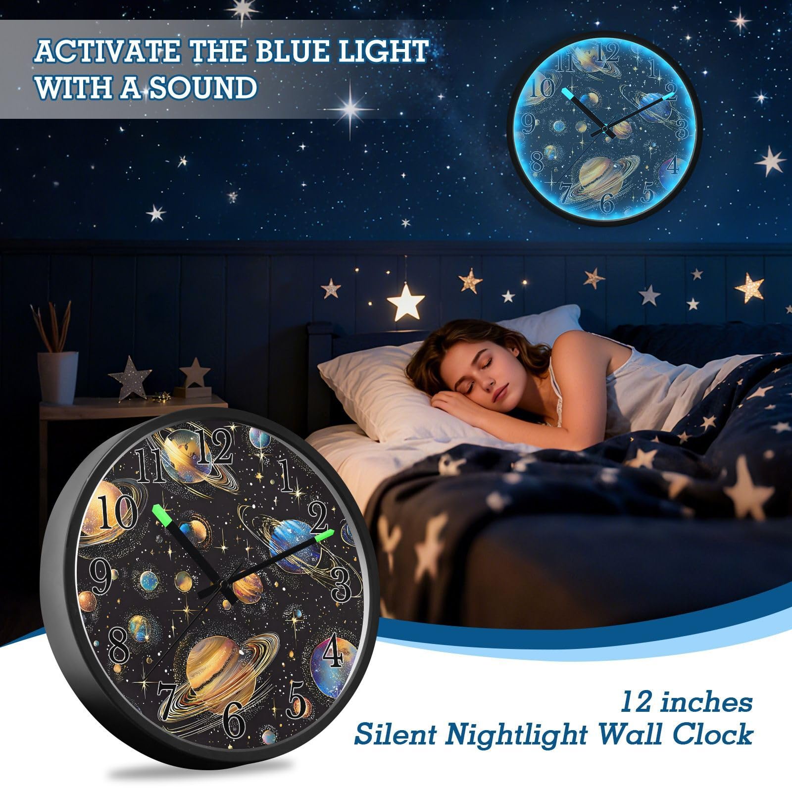 Mnsruu Reloj de pared luminoso, planetas coloridos, reloj de pared que brilla en la oscuridad, funciona con pilas, 12 pulgadas, silencioso, sin tictac, luz nocturna para dormitorio