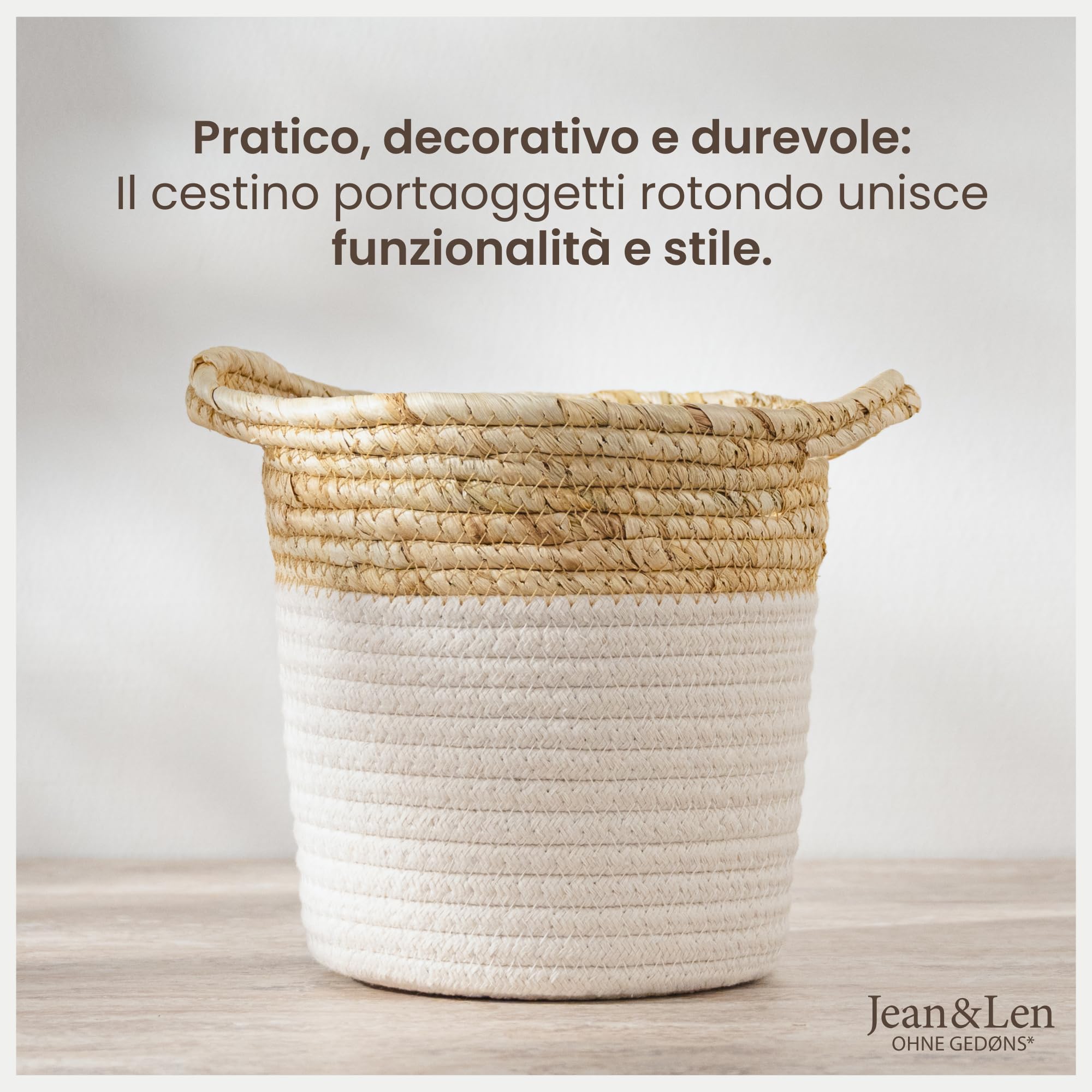 Jean & Len cesto portaoggetti, rotondo, in cotone e paglia, versatile per asciugamani, cosmetici e piccoli accessori, soluzione di conservazione decorativa e duratura, 17 x 17 cm