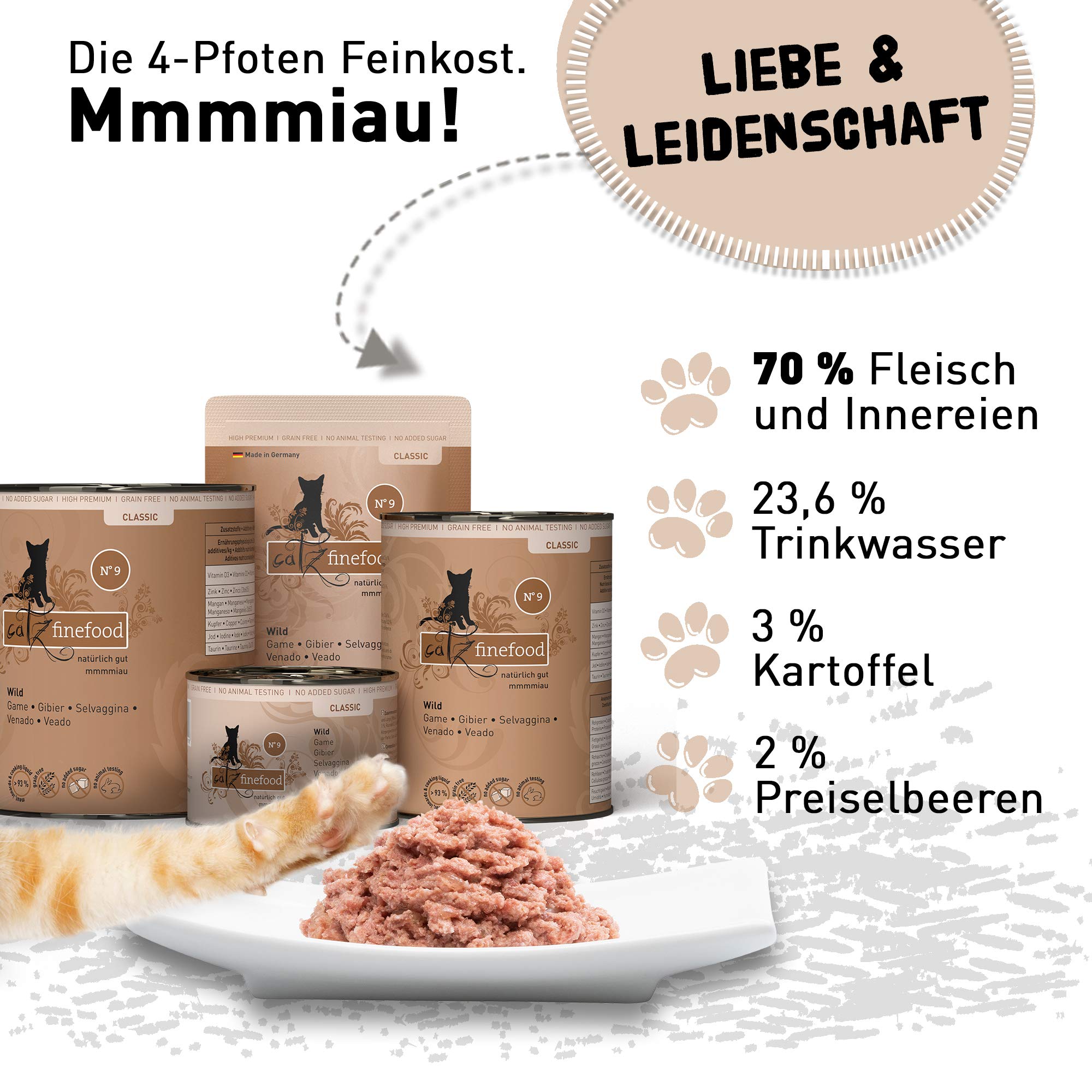 catz finefood N° 9 Wild Feinkost Katzenfutter nass, verfeinert mit Kartoffel & Preiselbeere, 6 x 800g & N° 23 Rind & Ente Feinkost Katzenfutter nass, verfeinert mit Cranberry & Aloe Vera, 6 x 800g