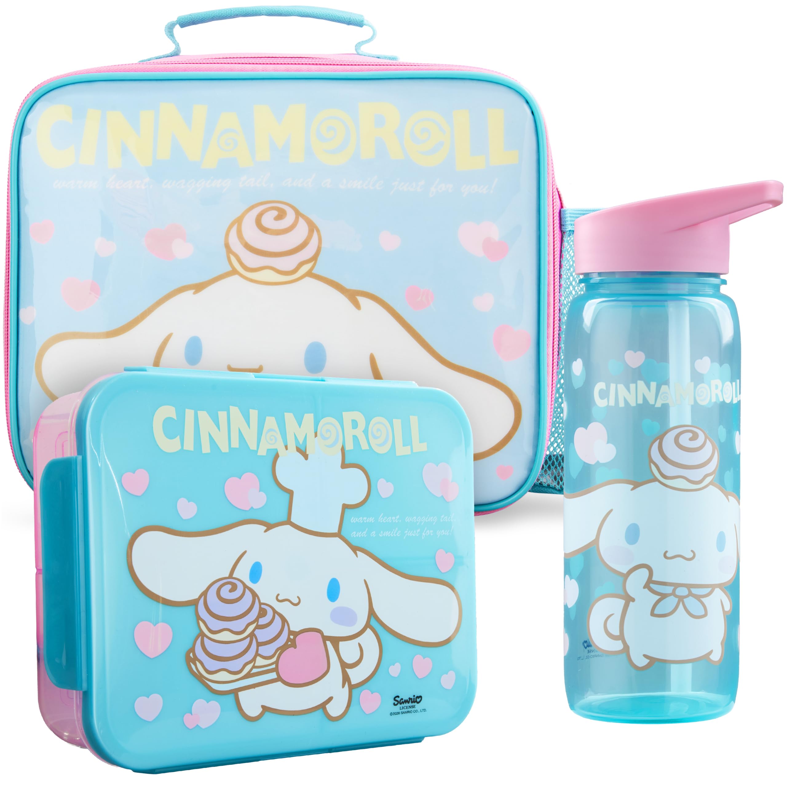 Get Trend Hello Kitty Cinnamoroll Sac Isotherme Repas Enfant Set, 3 Pcs Lunch Bag Isotherme, Bento Lunch Box et Sans BPA Gourde Air Up, Fermeture Eclair et Poignée (Bleu Clair/Rose Cinnamoroll)