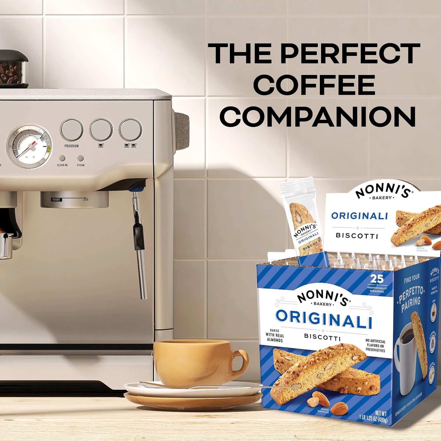 Nonni's Originali Classic Almond Biscotti Cookies – Individually Wrapped Italian Coffee Snack, Crunchy Twice-Baked, 80 Cal Each, 17.25 oz Carton
