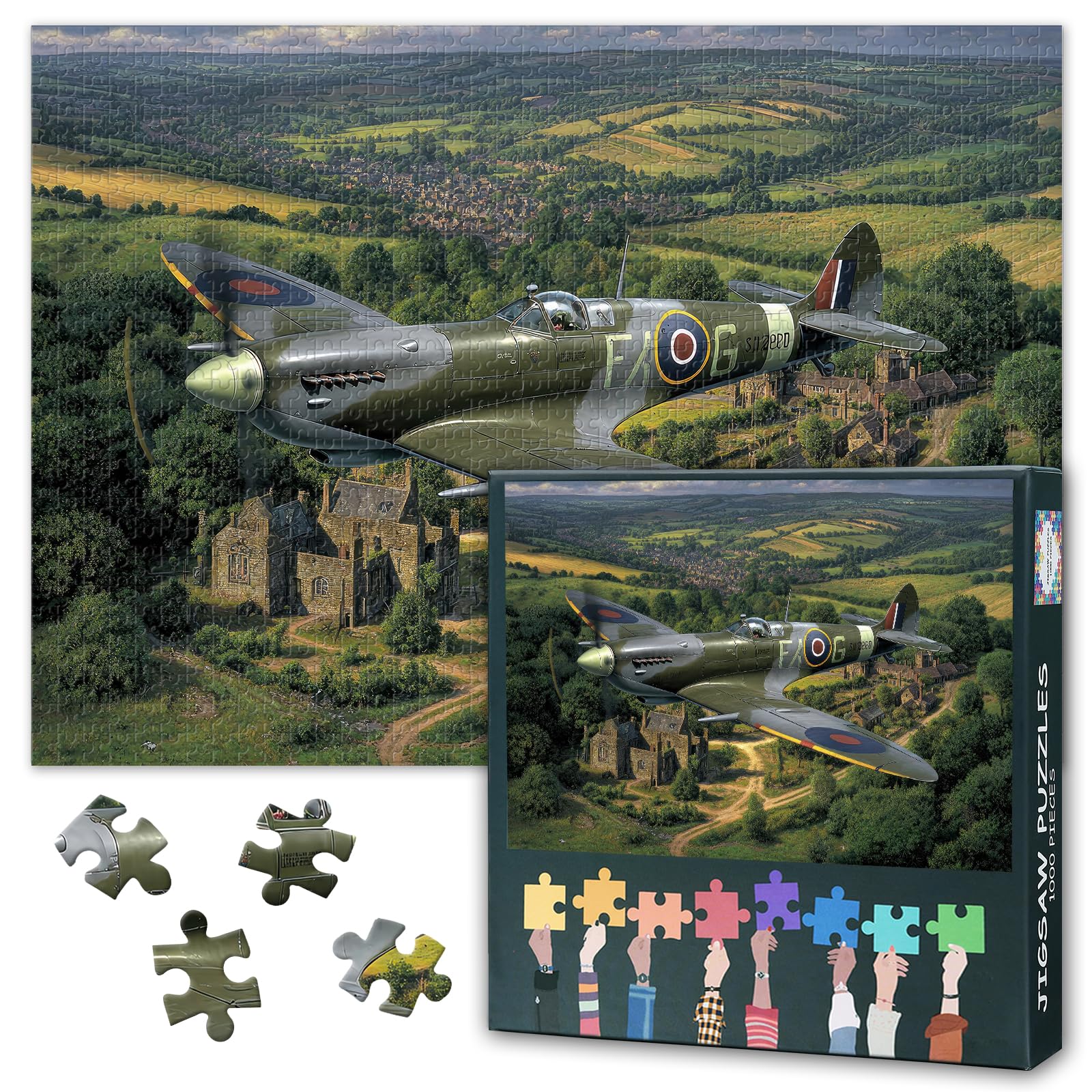 Adult Puzzles 1000 Pieces, 1000 Piece Puzzles for Adults - Vintage Spitfire Aircraft, WWII Fighter Plane in Countryside Landscape, Challenging Cool Adult Jigsaw Puzzle(27.5x19.7 Inches)