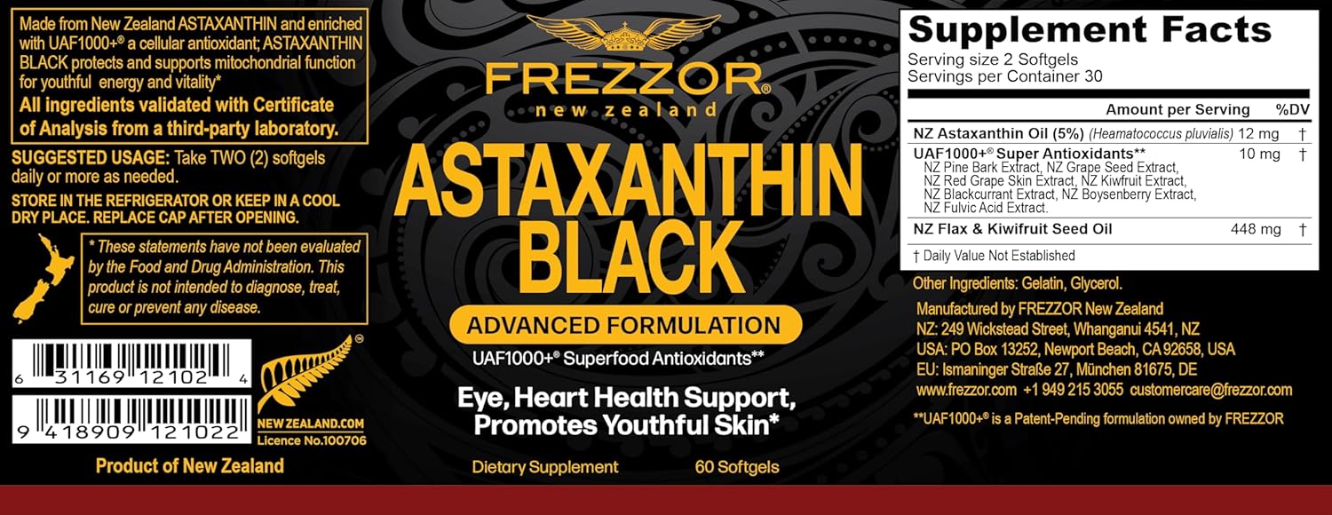 FREZZOR Astaxanthin Black with UAF1000+ Super Antioxidant, Supports Heart, Eye & Brain Health, Anti-Aging Skincare & Cellular Protection, 12mg Astaxanthin per Serve, 180 Softgels, 3 Month Supply