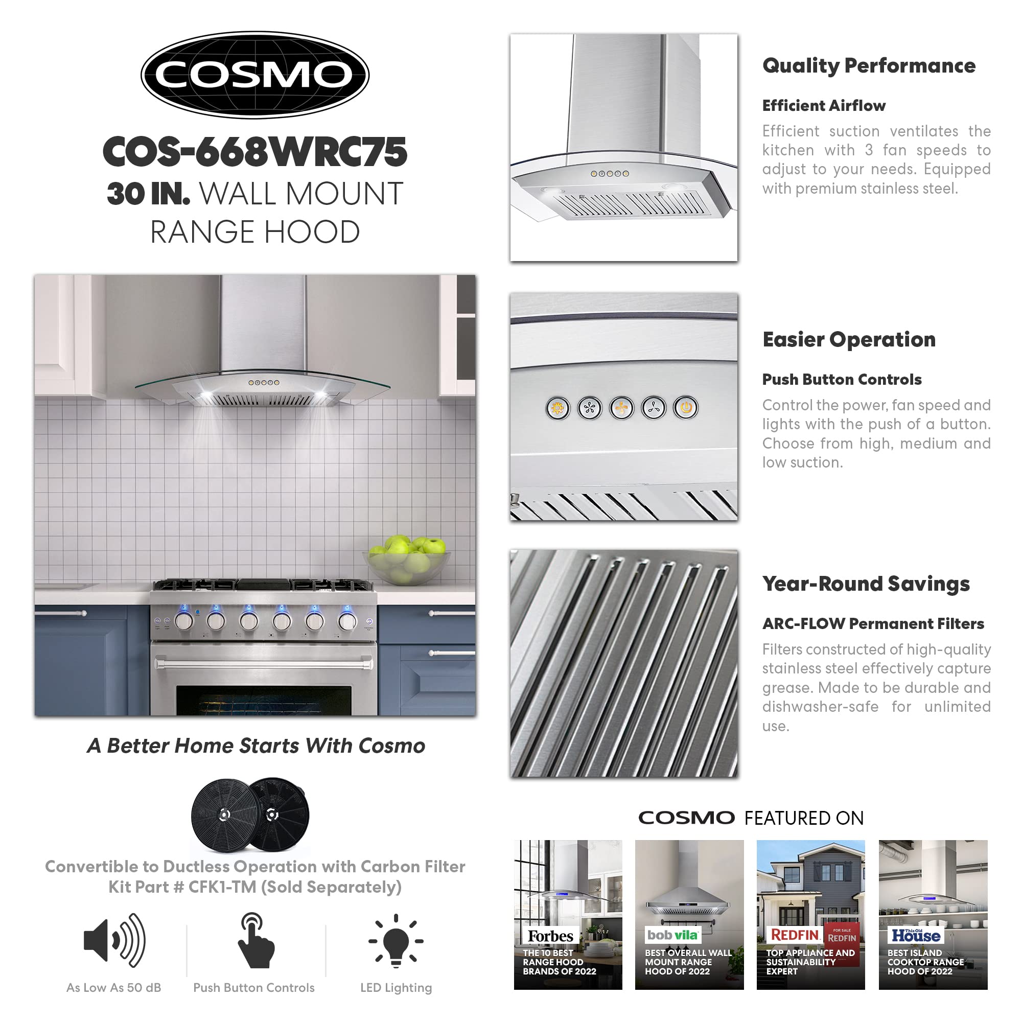 Amazon.com: COSMO COS-668WRC75 Wall Mount Range Hood with Ducted Exhaust  Vent, 3 Speed Fan, Push Button Controls, LED Lighting, Permanent Filters in  Stainless Steel, 30 inches : Appliances
