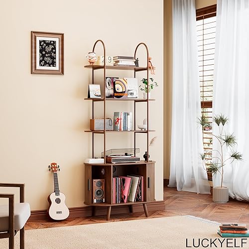 Miniatura 5 de Soporte alto para tocadiscos de vinilo, estantería arqueada de 4 niveles con puertas corredizas, gabinete de almacenamiento de discos pequeños