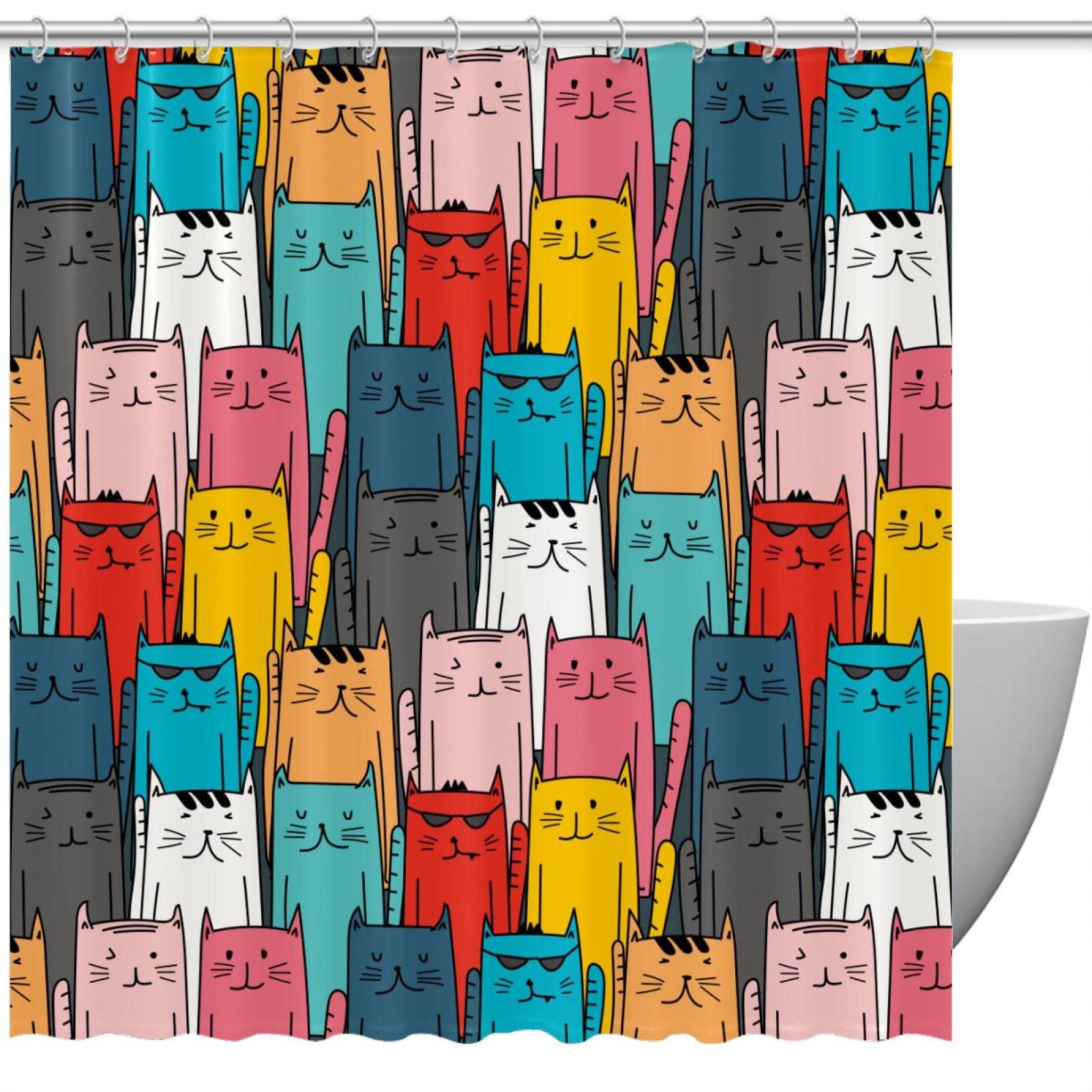 Rideau de douche imperméable motif chat 183x183 grand format coloré