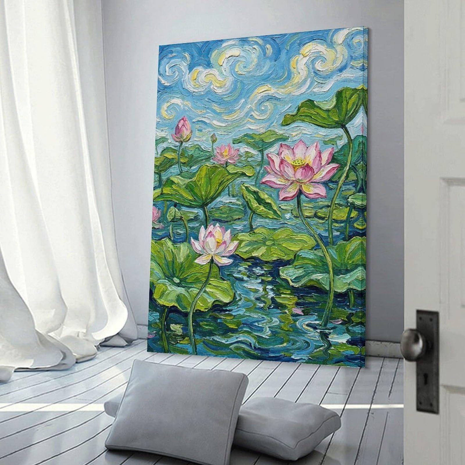 Junmoney Lotus Pond Impressionist Painting Canvas Art Print, 20x30inch(50x75cm), for Bedroom, Lounge Or Dressing Area, Canvas Wall Decor for Personal Spaces